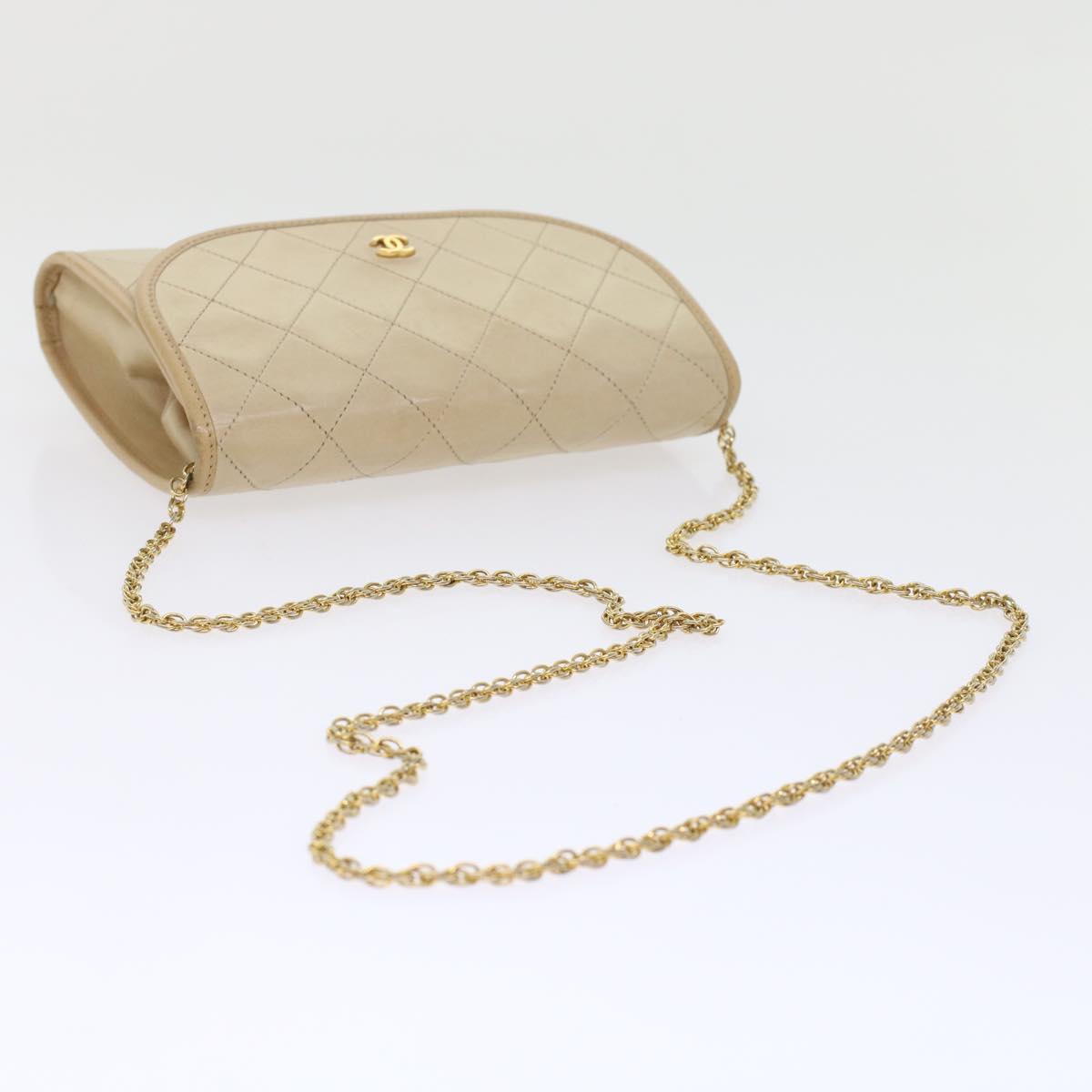 CHANEL Chain Shoulder Bag Lamb Skin Beige CC Auth bs7081