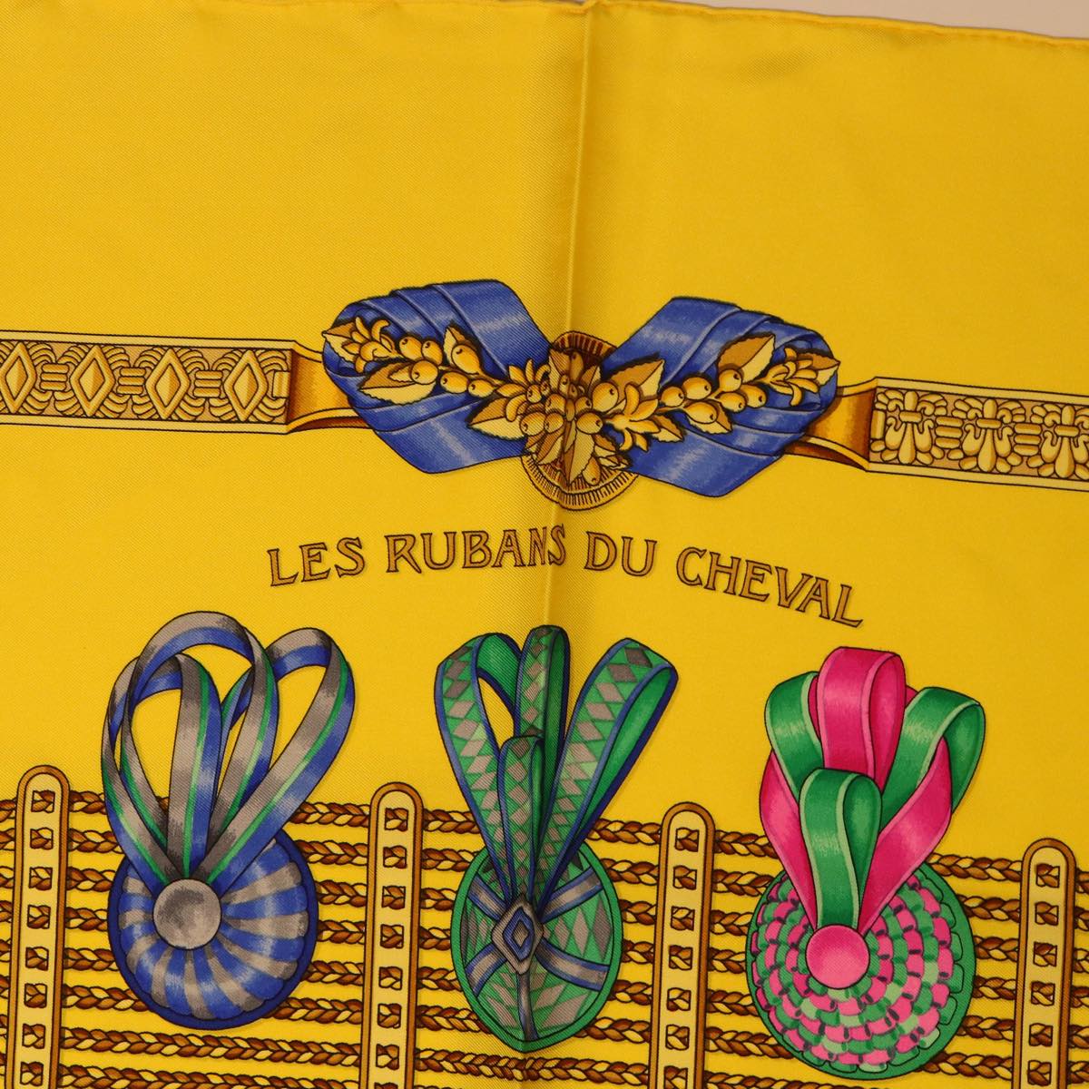 HERMES Carre 90 Scarf ”LES RUBANS DU CHEVAL” Silk Yellow Auth bs7310