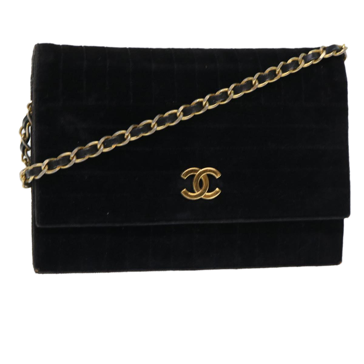 CHANEL Chain Mademoiselle Shoulder Bag Velor Black CC Auth bs7313