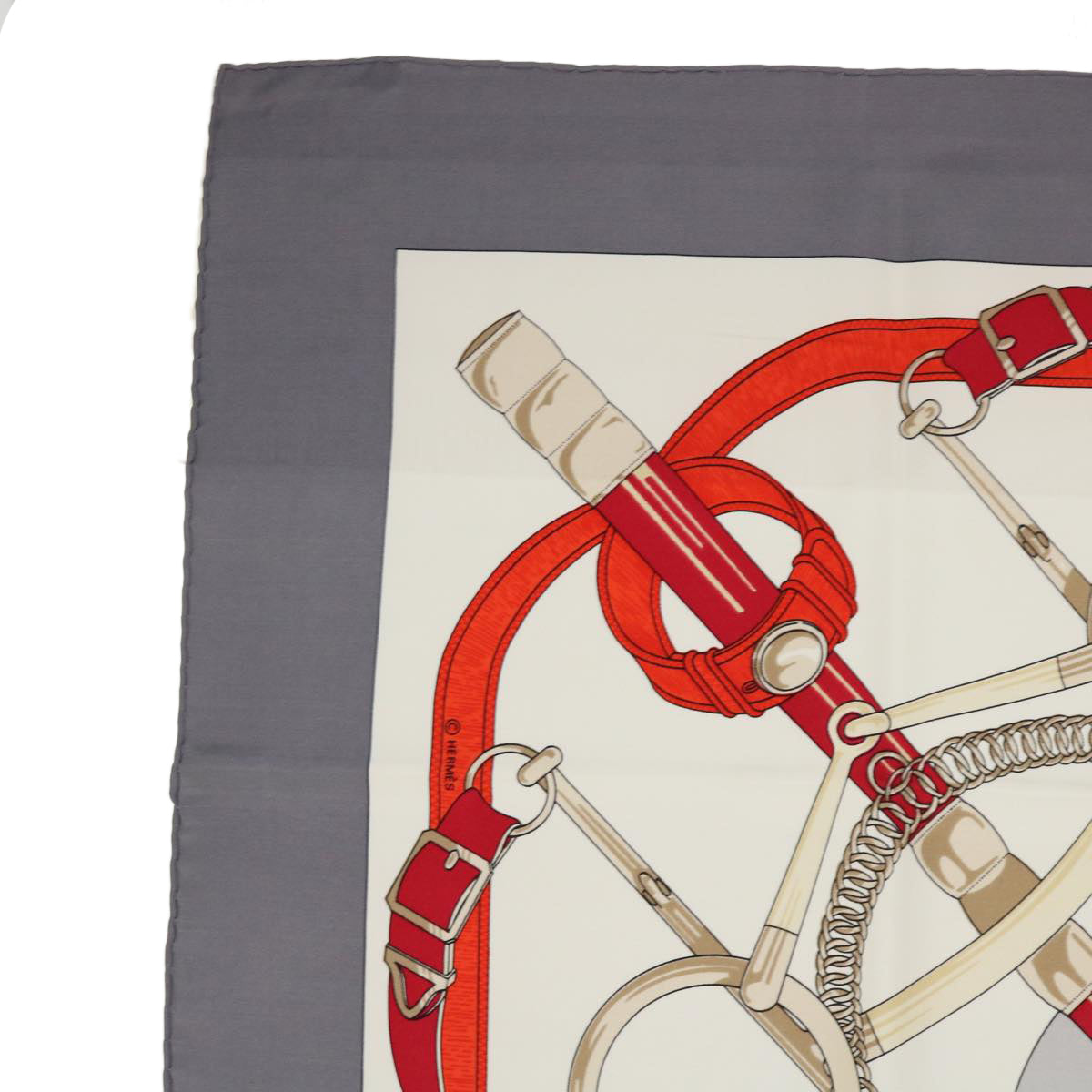 HERMES Carre 90 Eperon d'or Scarf Silk White Red gray Auth bs7315 - 0
