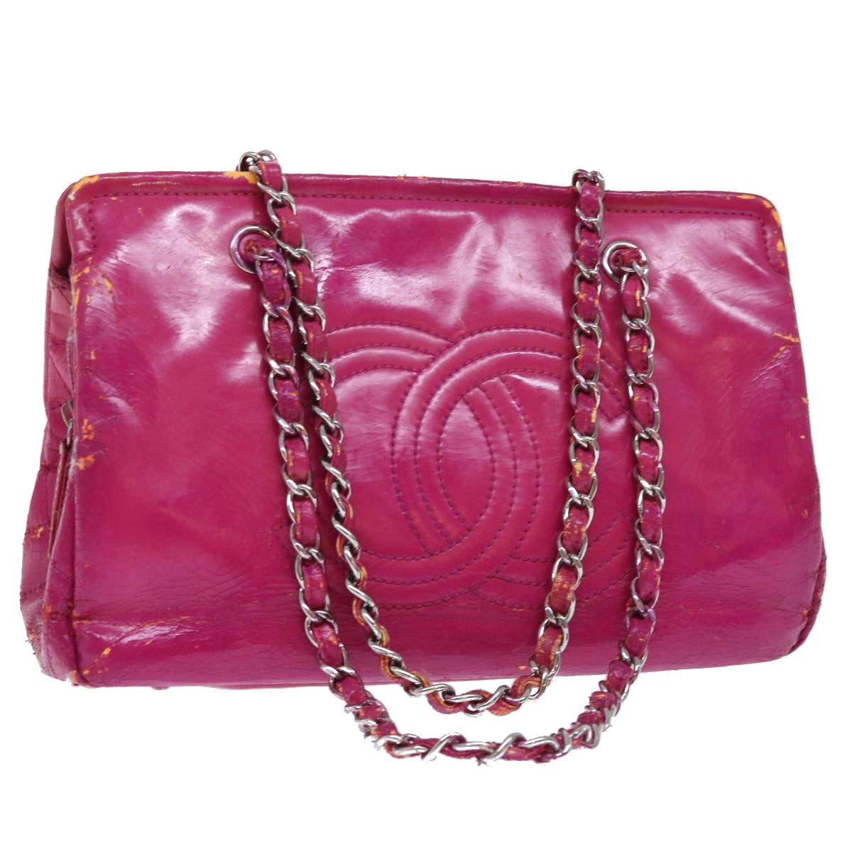 CHANEL Chain Shoulder Bag Patent leather Pink CC Auth bs7359