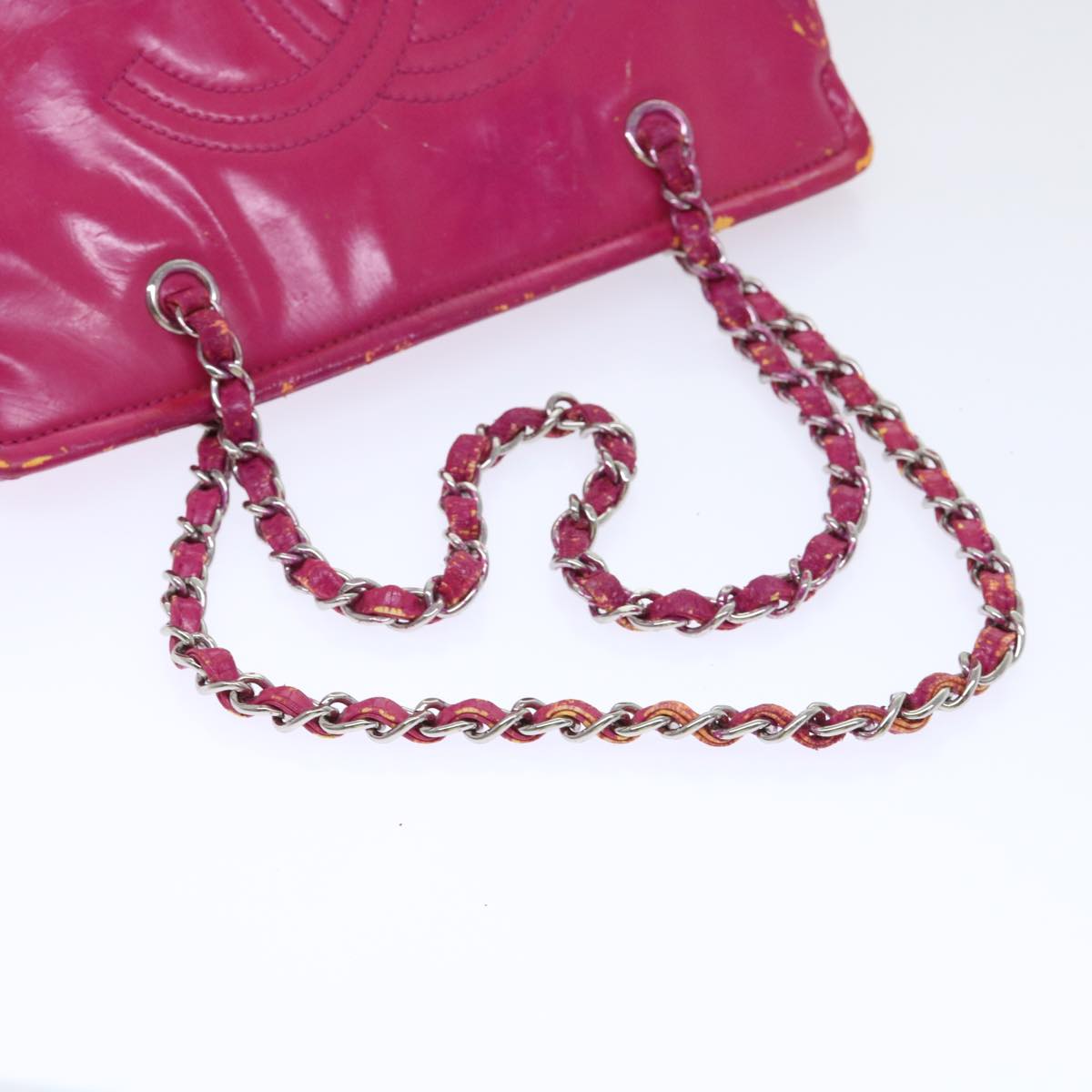 CHANEL Chain Shoulder Bag Patent leather Pink CC Auth bs7359