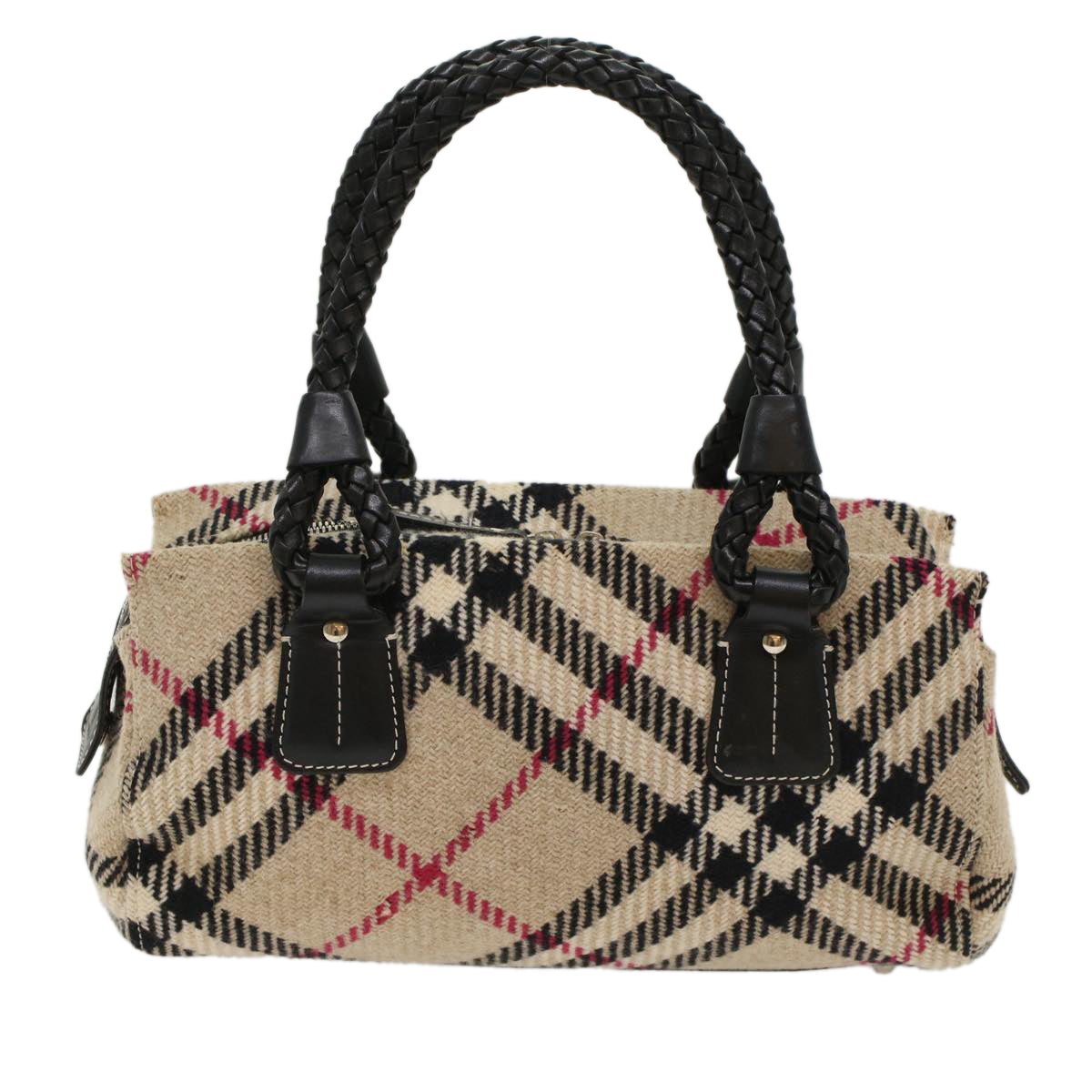 BURBERRY Nova Check Hand Bag Wool Leather Beige Auth bs7371