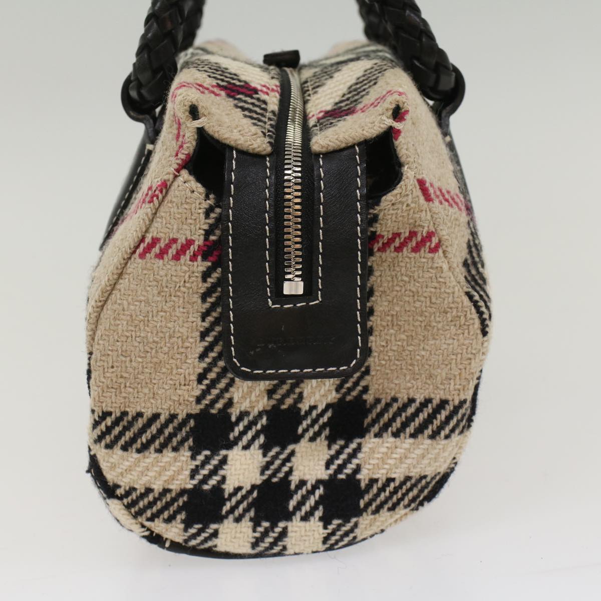 BURBERRY Nova Check Hand Bag Wool Leather Beige Auth bs7371