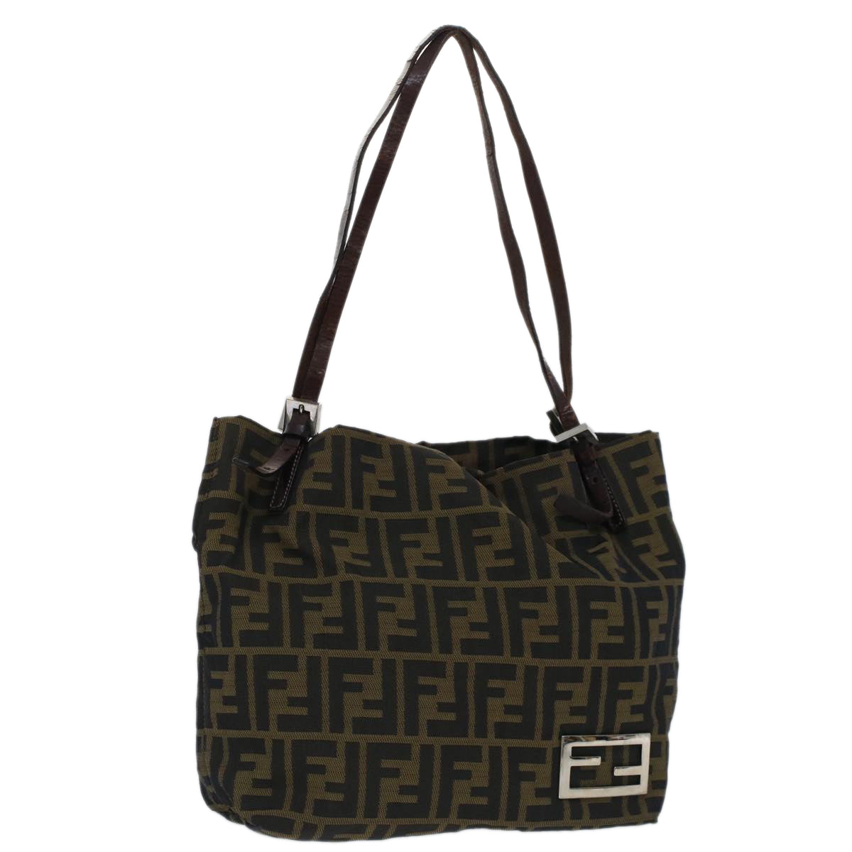 FENDI Zucca Canvas Shoulder Bag Black Brown Auth bs7393