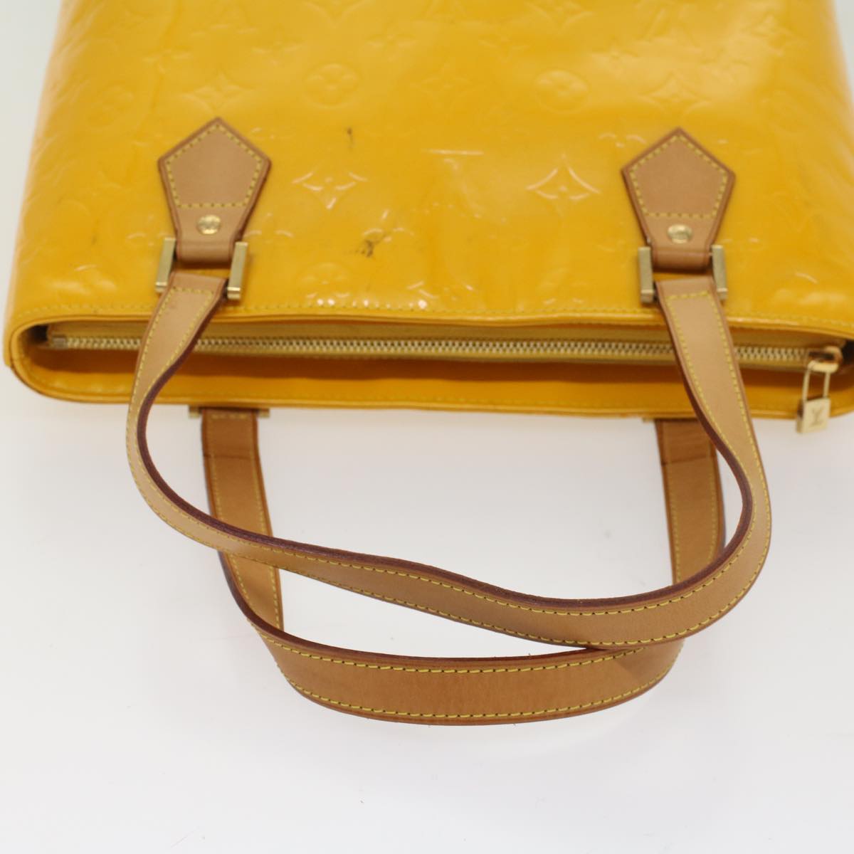 LOUIS VUITTON Monogram Vernis Houston Hand Bag Lime Yellow M91055 LV Auth bs7439