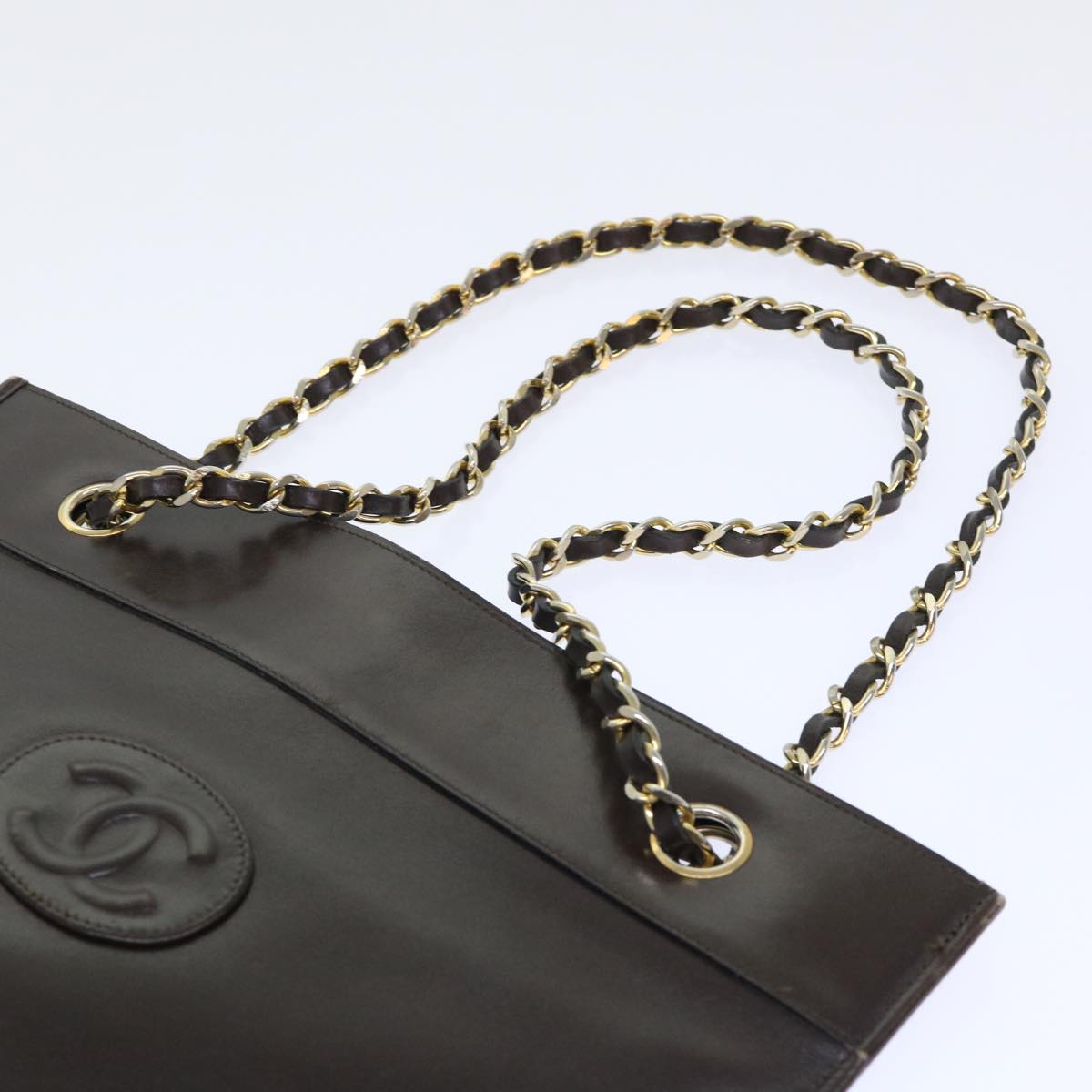 CHANEL Chain Shoulder Bag Leather Brown CC Auth bs7457