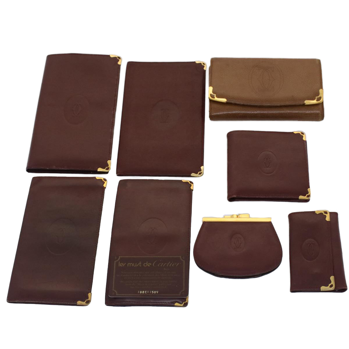 CARTIER Coin Purse Pouch Wallet Leather 8Set Wine Red Auth bs7479