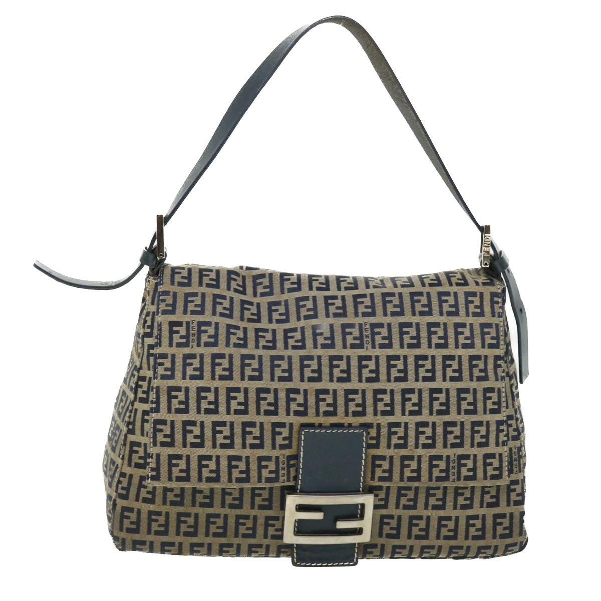 FENDI Zucchino Canvas Mamma Baguette Shoulder Bag Leather Navy Auth bs7518