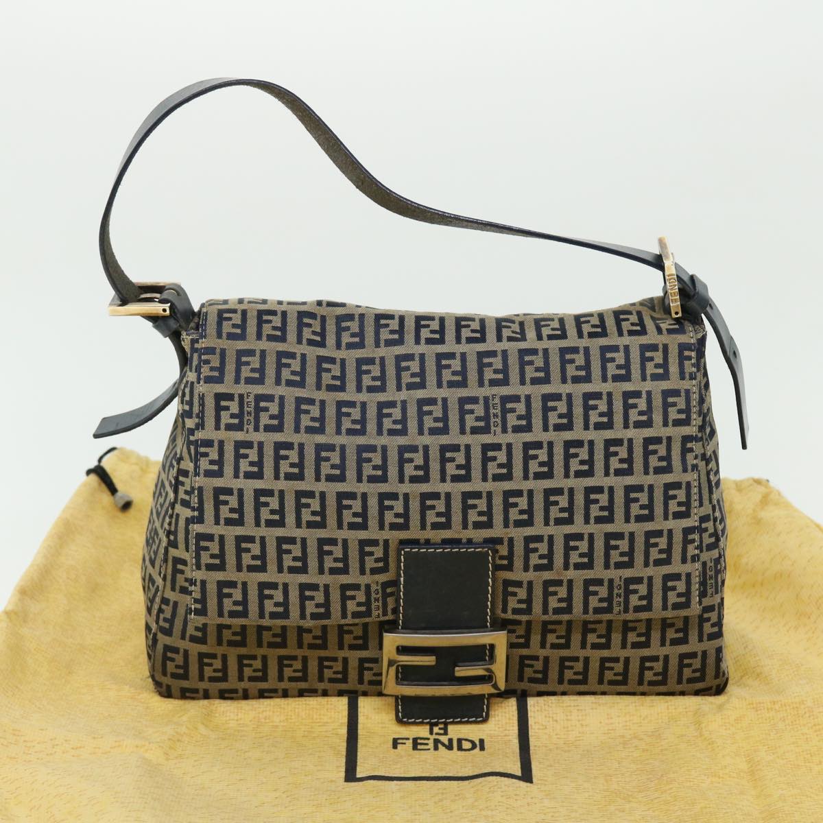 FENDI Zucchino Canvas Mamma Baguette Shoulder Bag Leather Navy Auth bs7518