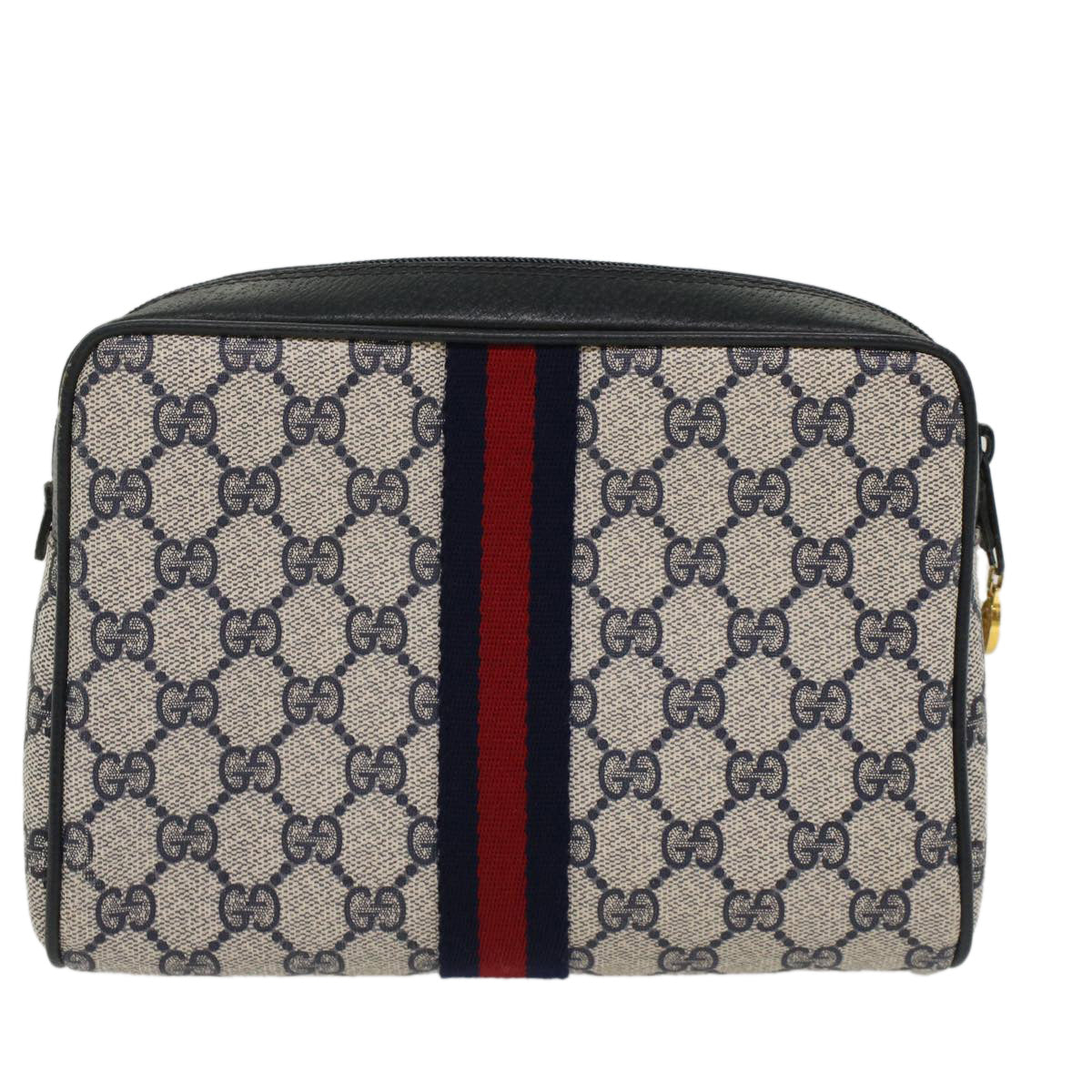 GUCCI GG Canvas Sherry Line Clutch Bag PVC Leather Gray Red Navy Auth bs7556 - 0