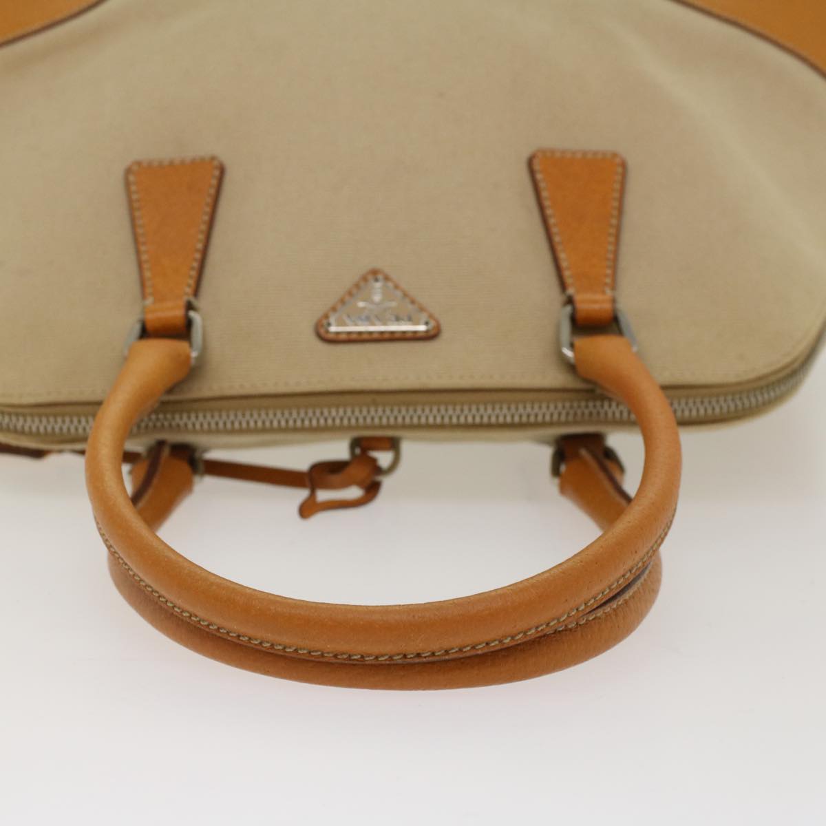PRADA Hand Bag Canvas Leather Beige Auth bs7557