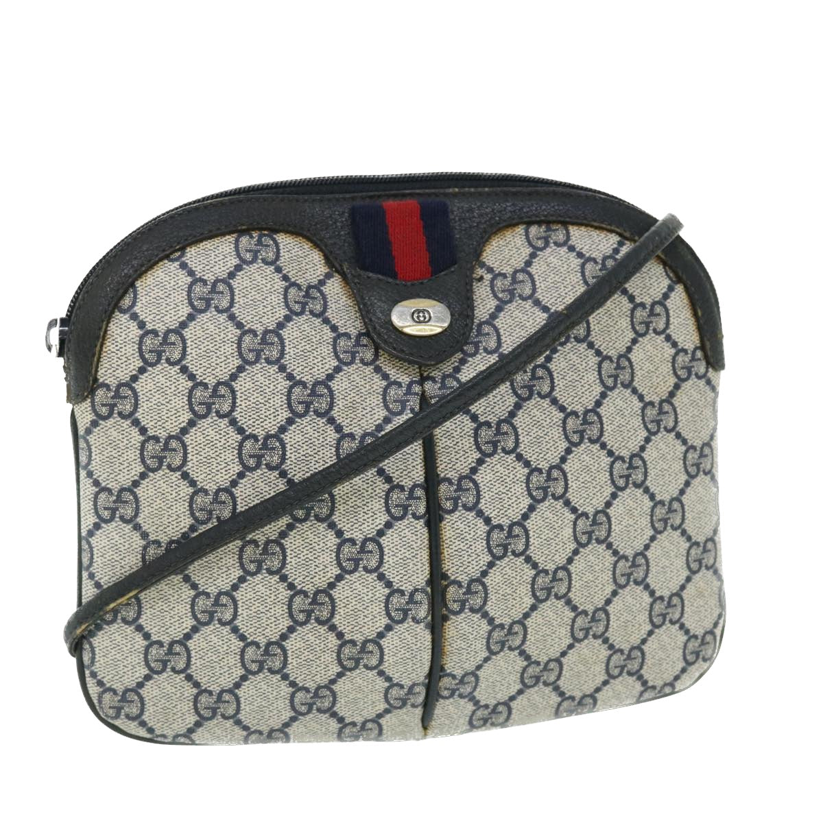 GUCCI GG Canvas Sherry Line Shoulder Bag Gray Red Navy 904•02•047 Auth bs7625