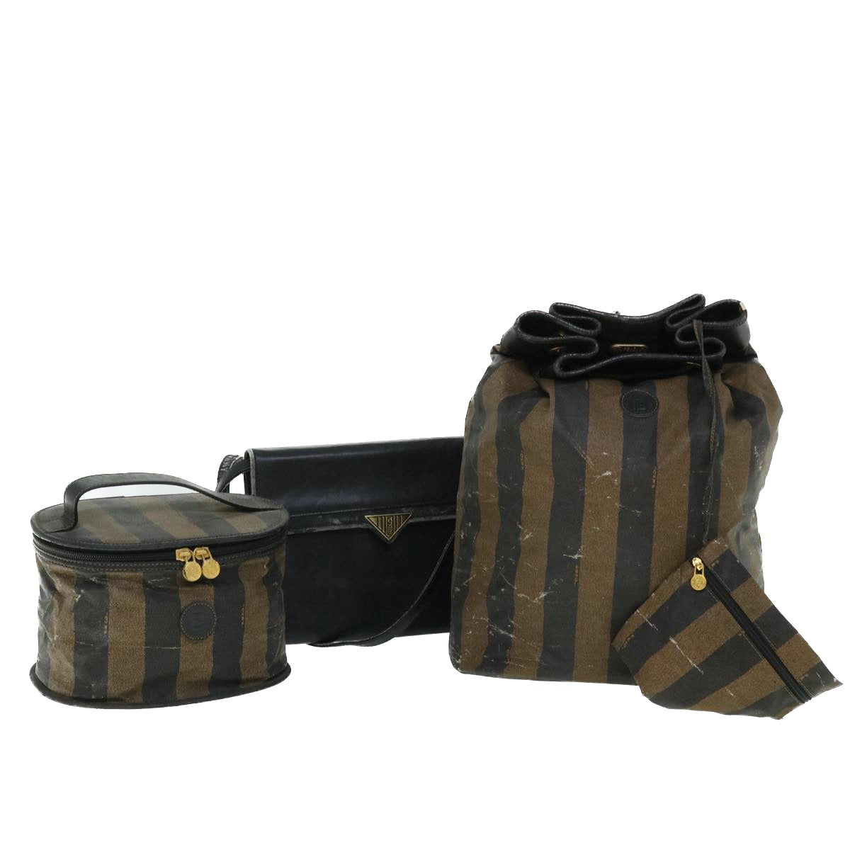 FENDI Pecan Canvas Pouch Shoulder Bag Leather 3Set Brown Black Auth bs7664