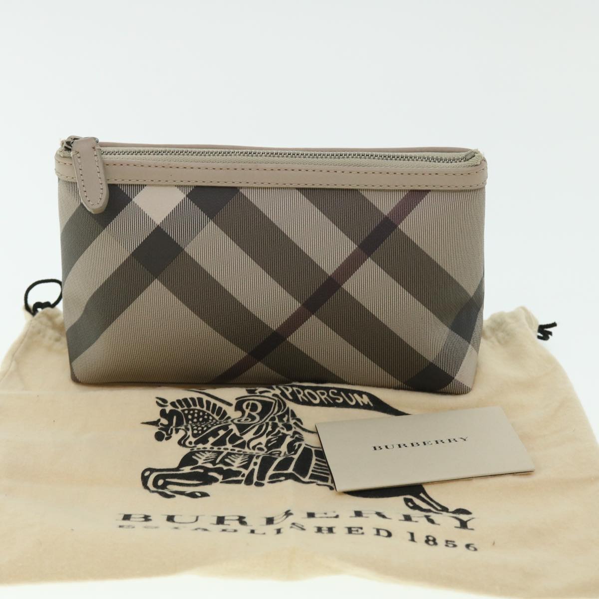 BURBERRY Nova Check Pouch PVC Leather Beige Auth bs7701