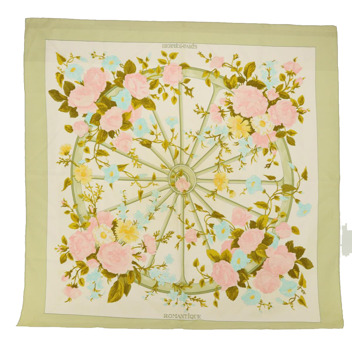 HERMES Carre 90 ROMANTIQUE Scarf Silk Green Pink white Auth bs7739