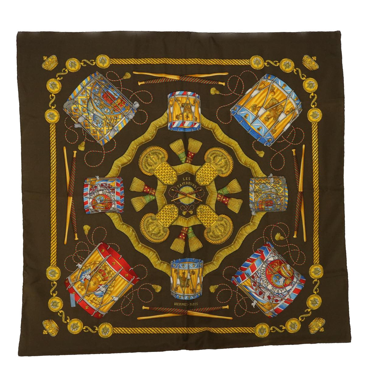 HERMES Carre 90 LES TAMBOURS Scarf Silk Brown Yellow Auth bs7743