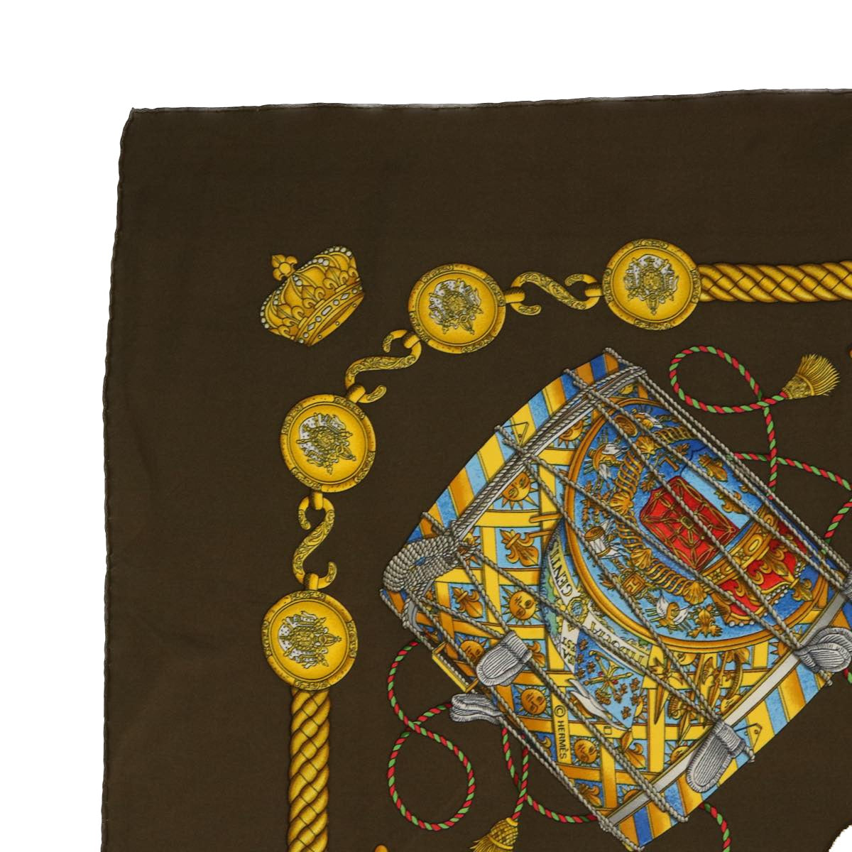 HERMES Carre 90 LES TAMBOURS Scarf Silk Brown Yellow Auth bs7743