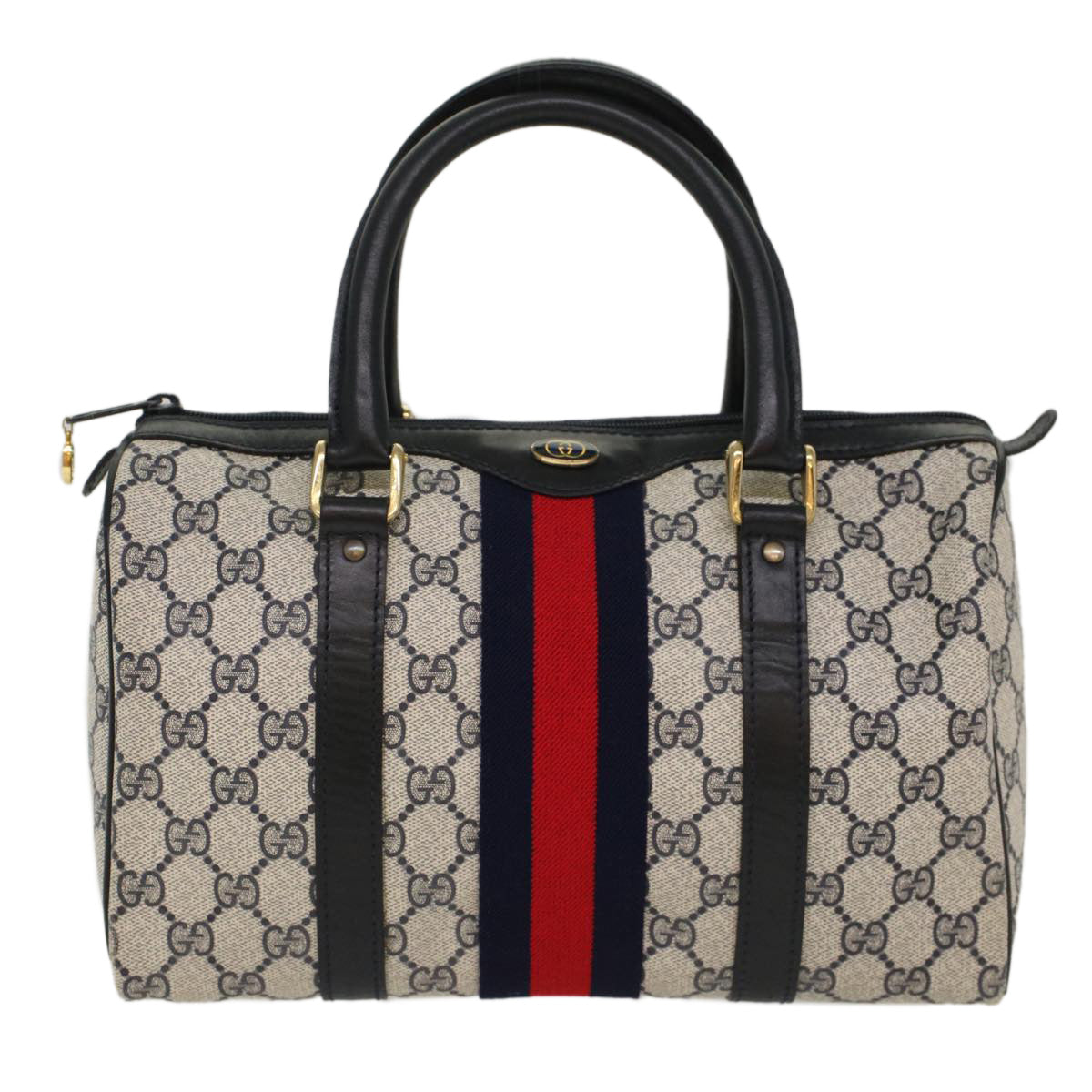 GUCCI GG Canvas Sherry Line Boston Bag Gray Red Navy 37 012 3841 Auth bs7794