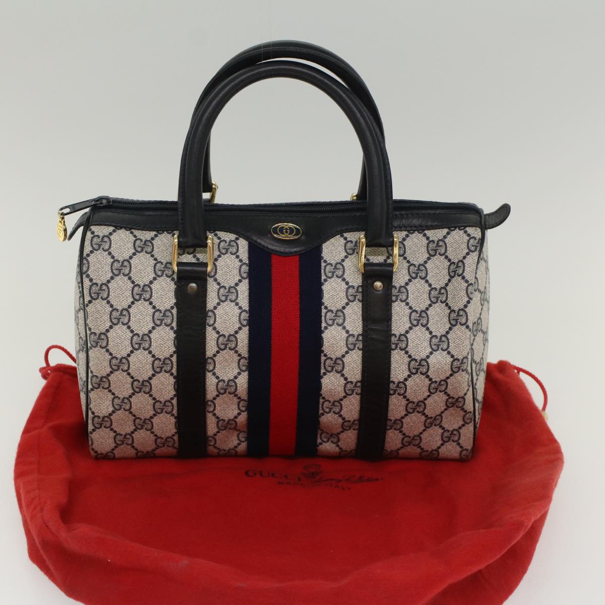 GUCCI GG Canvas Sherry Line Boston Bag Gray Red Navy 37 012 3841 Auth bs7794