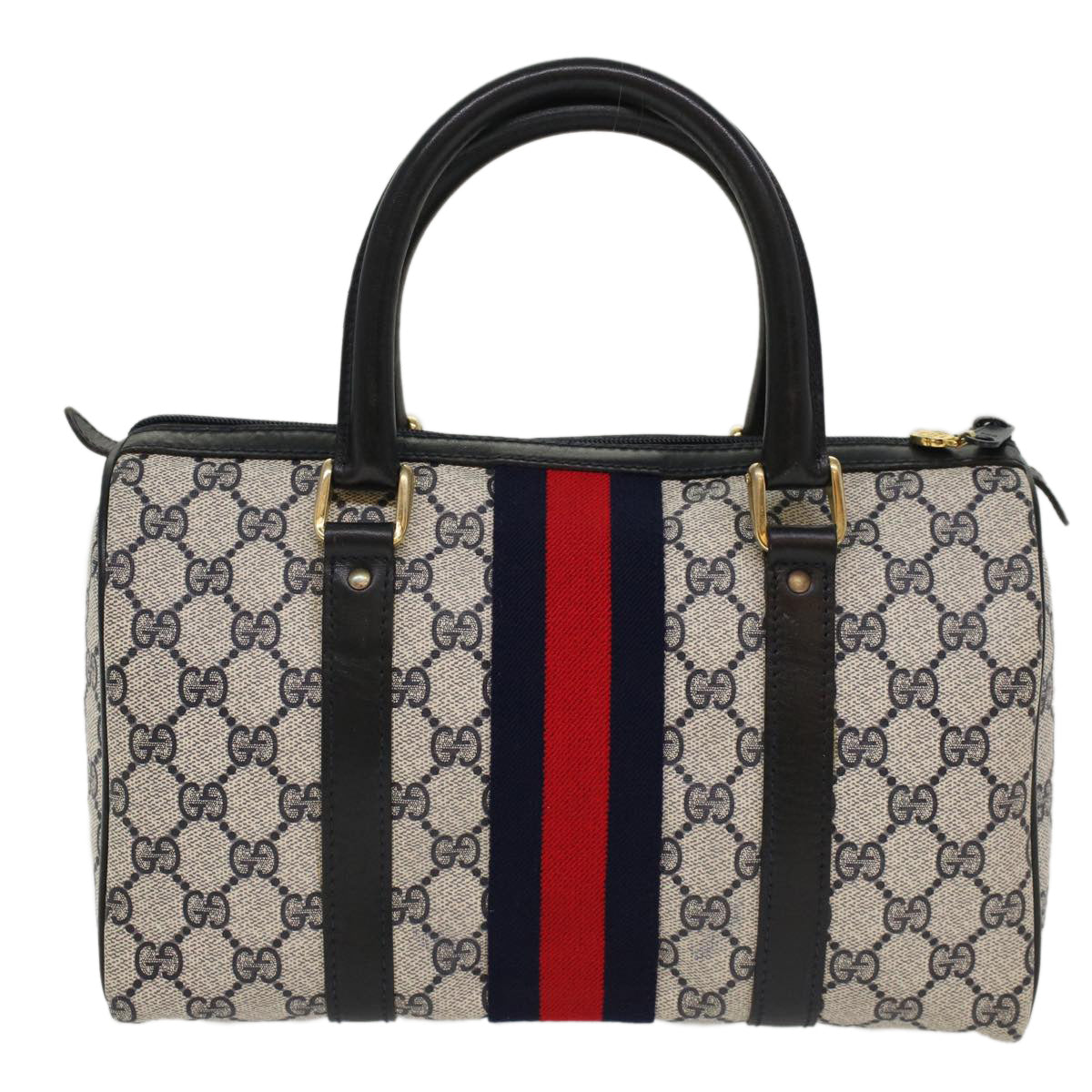 GUCCI GG Canvas Sherry Line Boston Bag Gray Red Navy 37 012 3841 Auth bs7794 - 0