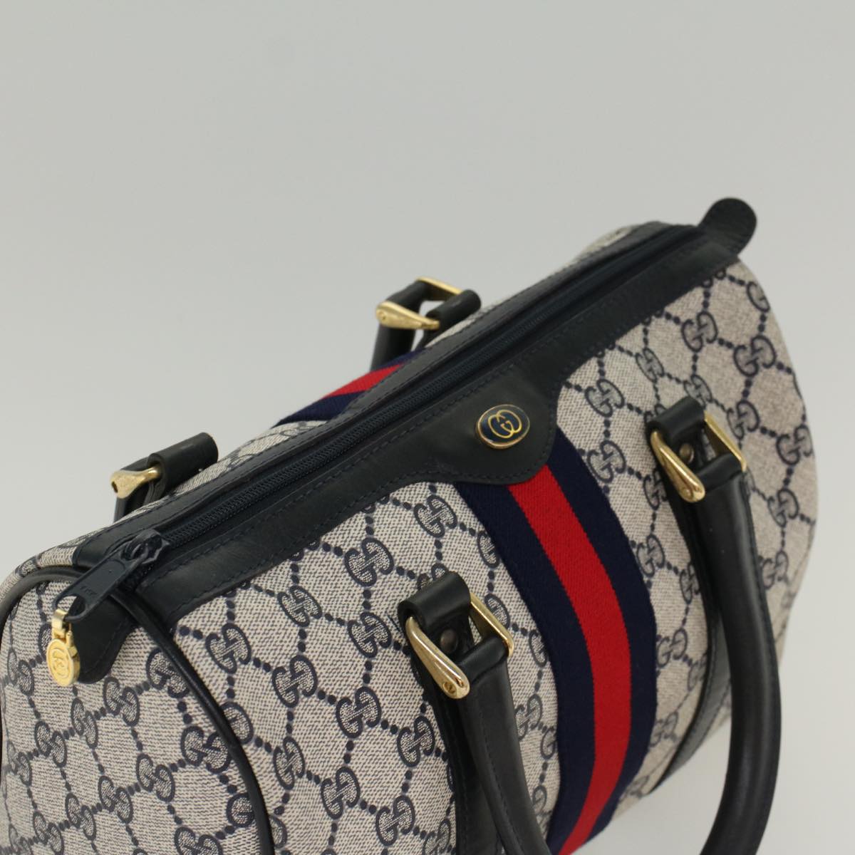 GUCCI GG Canvas Sherry Line Boston Bag Gray Red Navy 37 012 3841 Auth bs7794