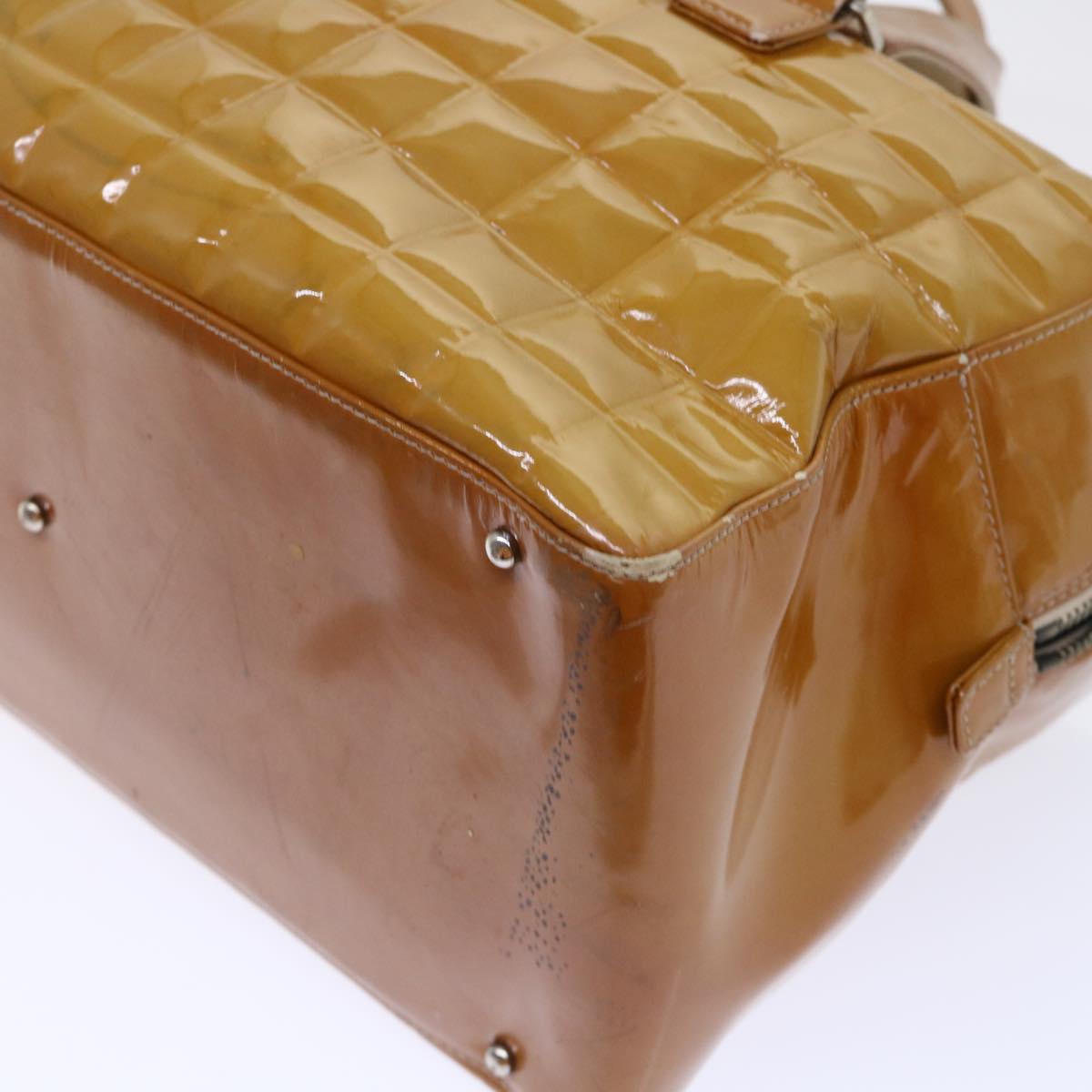 CHANEL Choco Bar Line Shoulder Bag Patent leather Yellow CC Auth bs7801