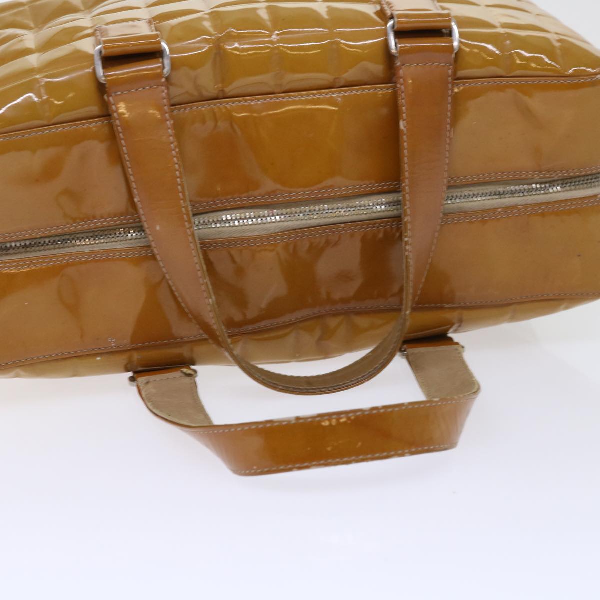 CHANEL Choco Bar Line Shoulder Bag Patent leather Yellow CC Auth bs7801