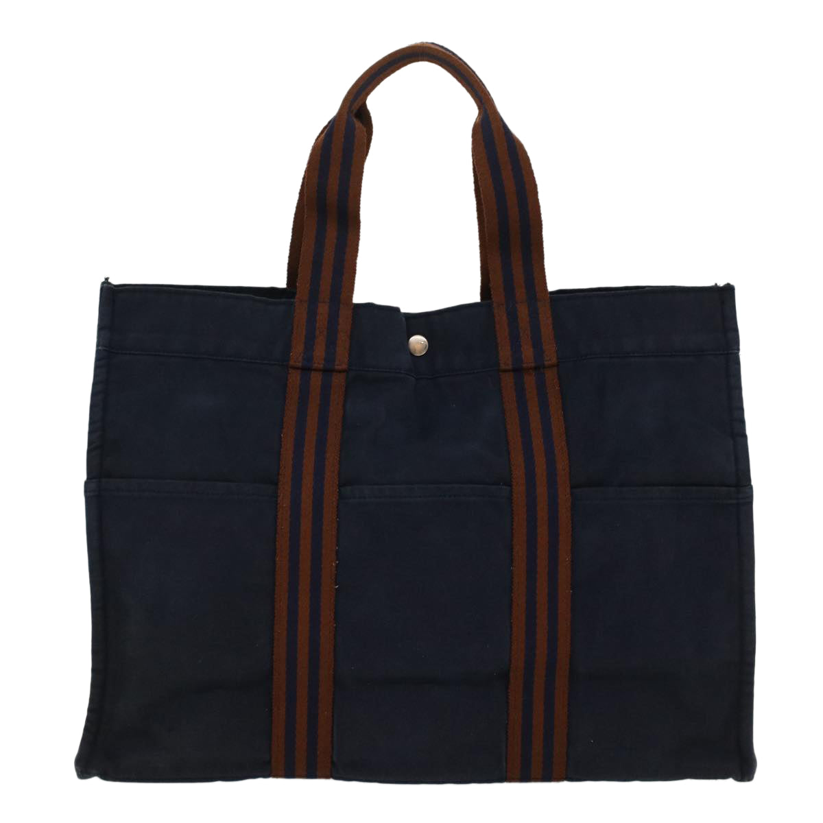 HERMES Fourre Tout GM Tote Bag Canvas Navy Brown Auth bs7804 - 0