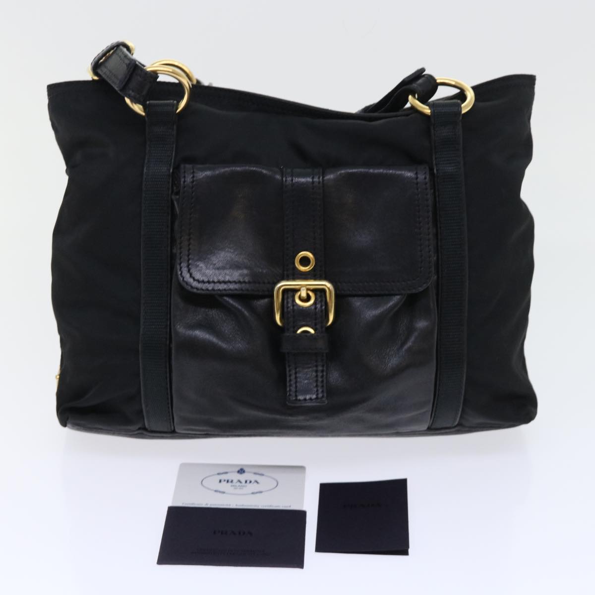 PRADA Shoulder Bag Leather nylon Black Auth bs7809