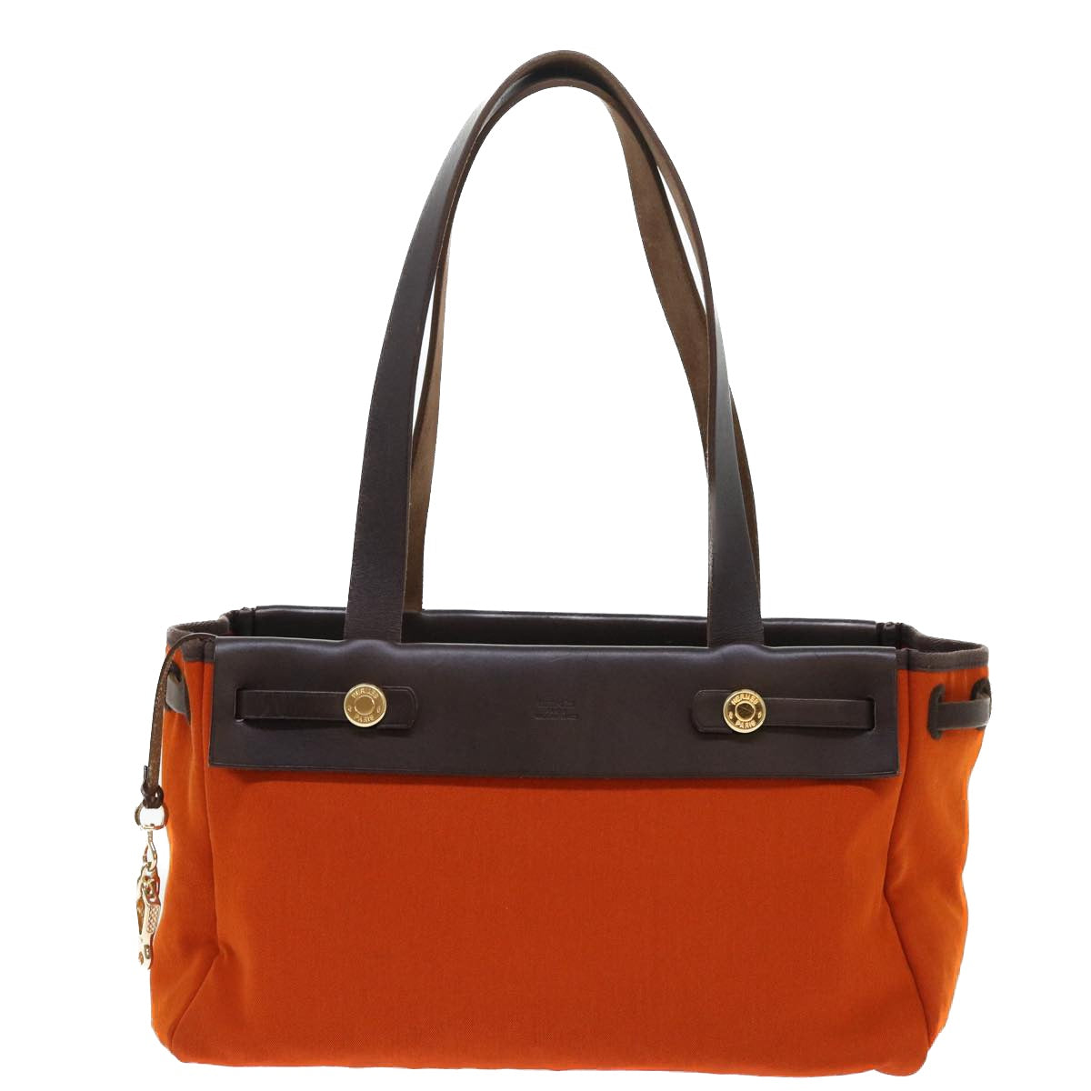 HERMES Cabas PM Shoulder Bag Canvas Leather Orange Brown Auth bs7816 - 0