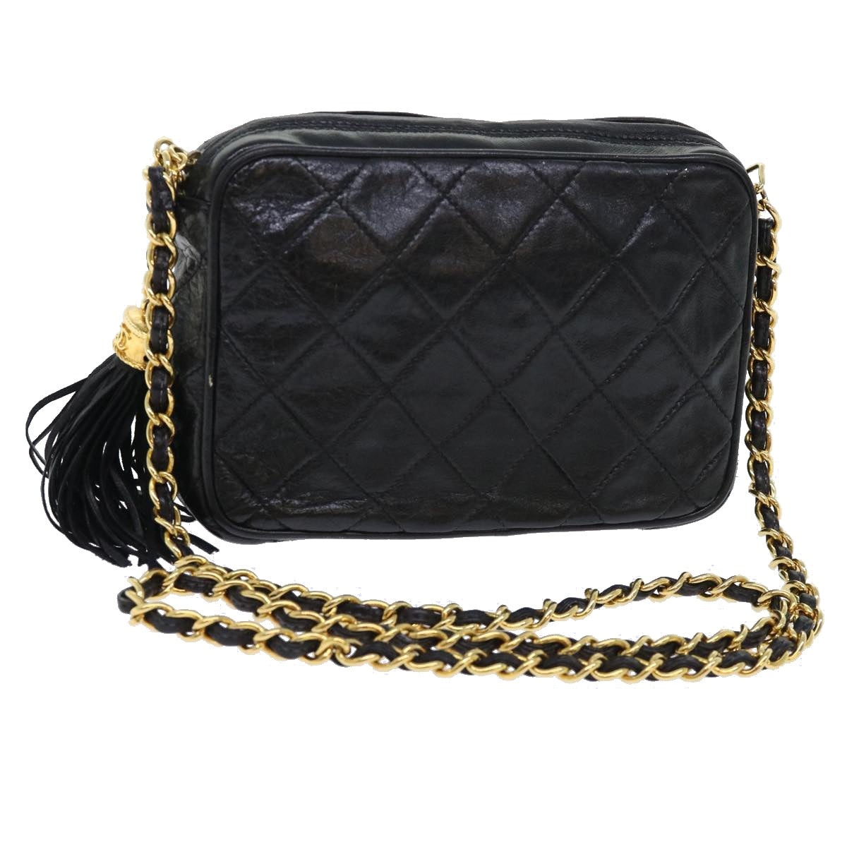 CHANEL Matelasse Chain Shoulder Bag Lamb Skin Black CC Auth bs7839