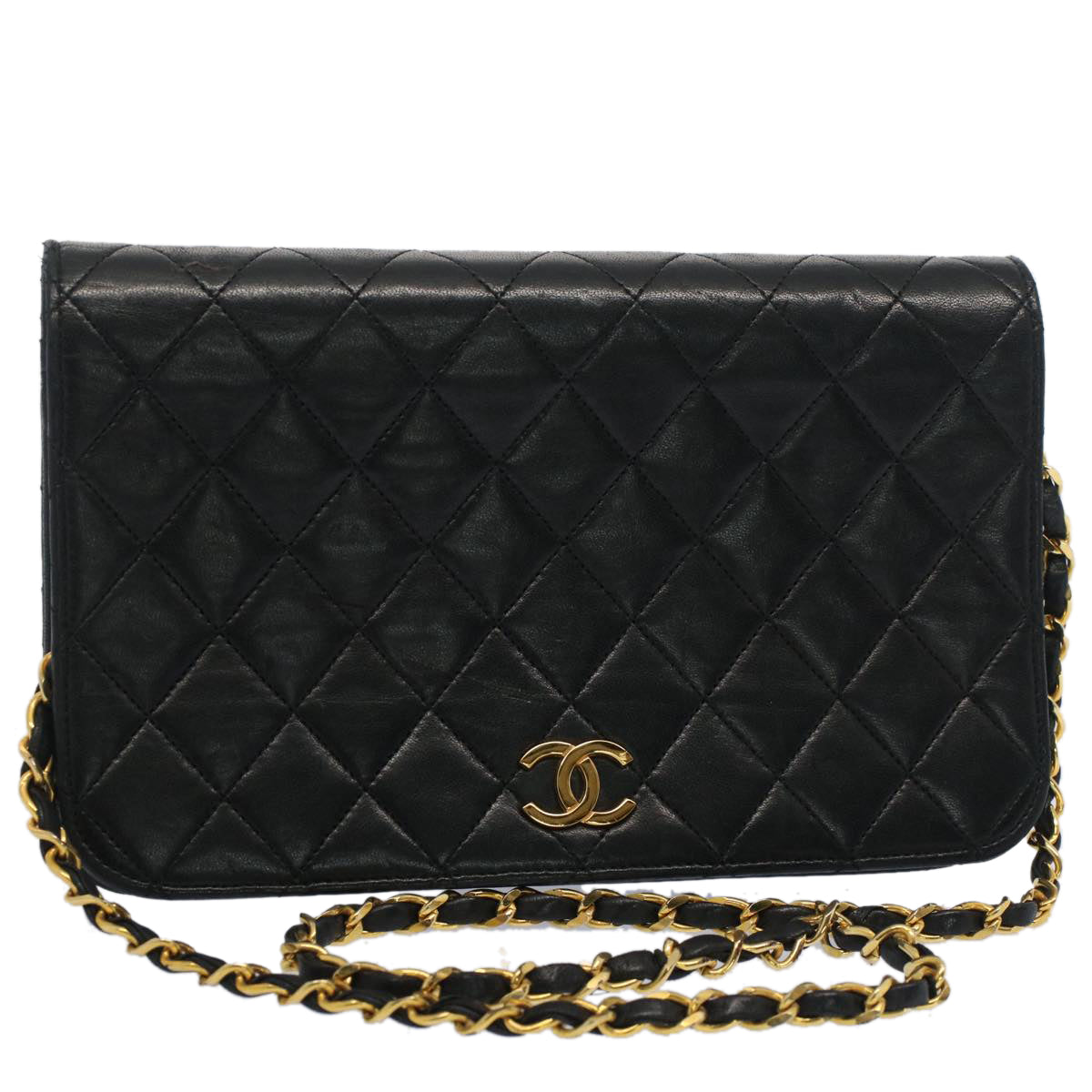 CHANEL Matelasse Chain Shoulder Bag Lamb Skin Black CC Auth bs7898