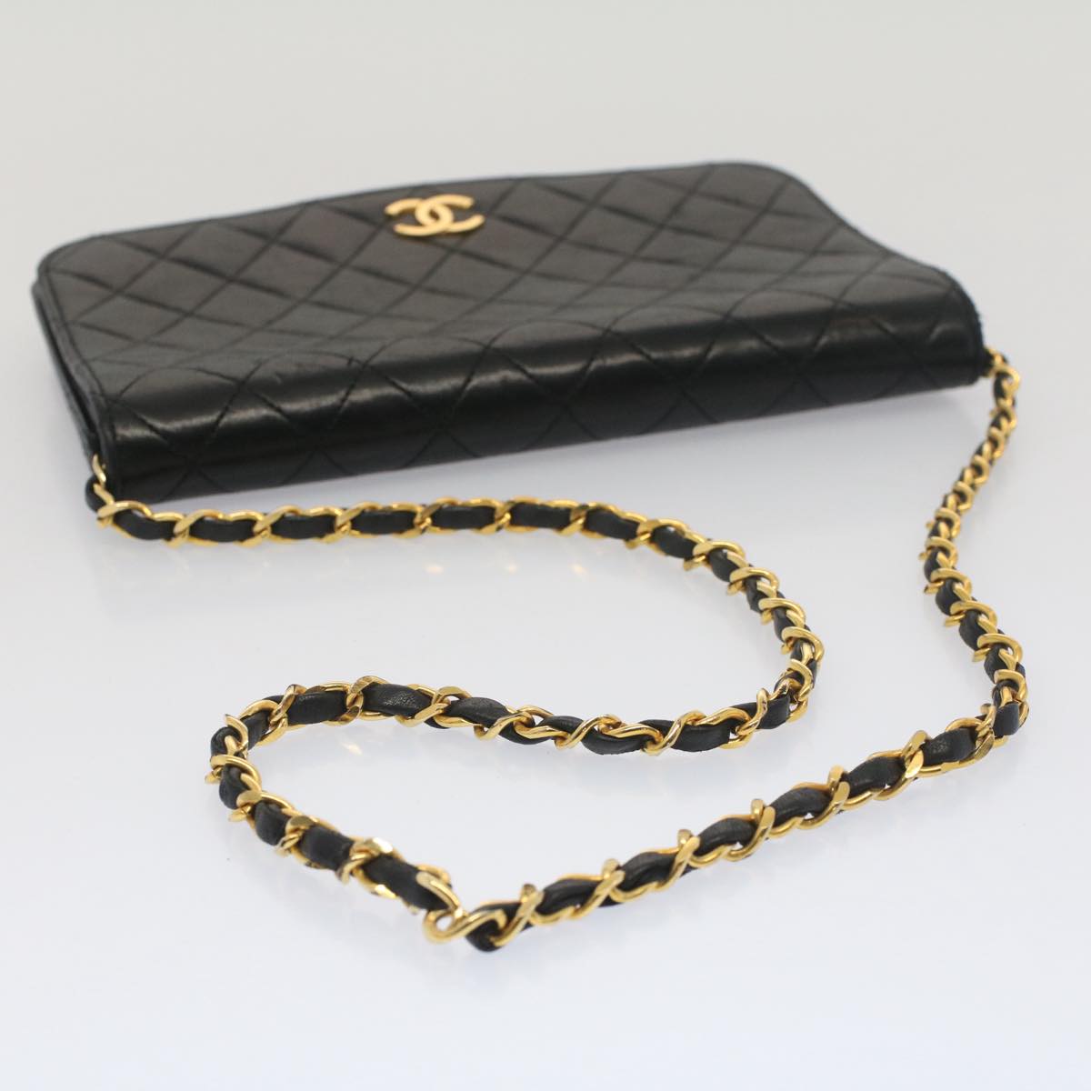 CHANEL Matelasse Chain Shoulder Bag Lamb Skin Black CC Auth bs7898