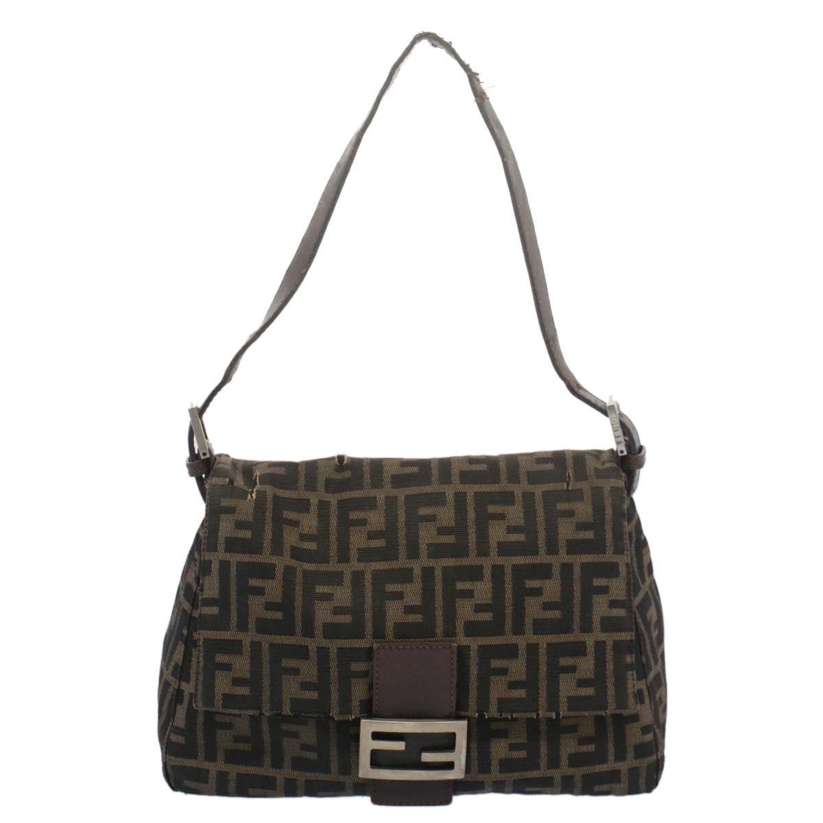 FENDI Zucca Canvas Mamma Baguette Shoulder Bag Black Brown Auth bs7918