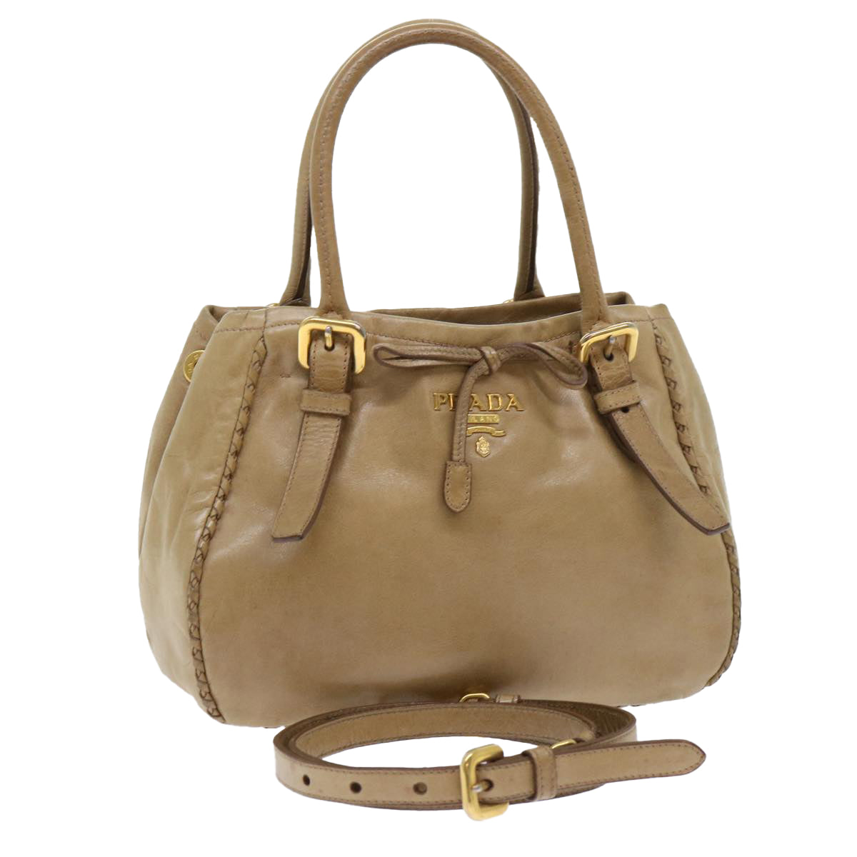 PRADA Hand Bag Leather 2way Beige Auth bs7921