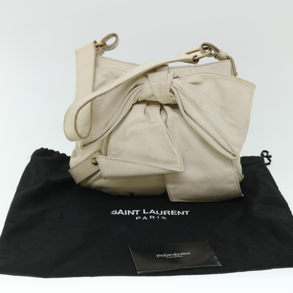 SAINT LAURENT Shoulder Bag Leather Beige Auth bs7993