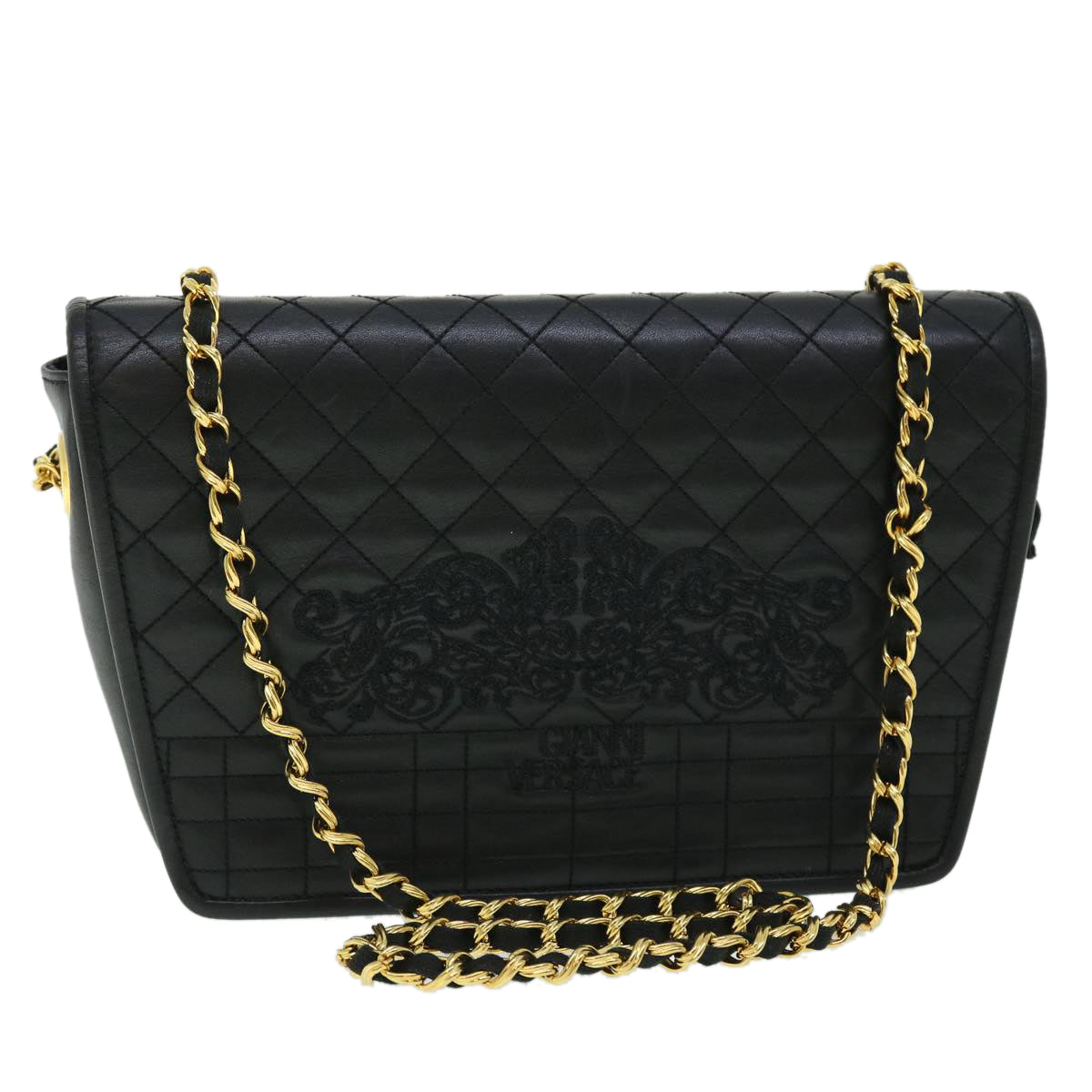 Gianni Versace Chain Shoulder Bag Leather Black Auth bs8009