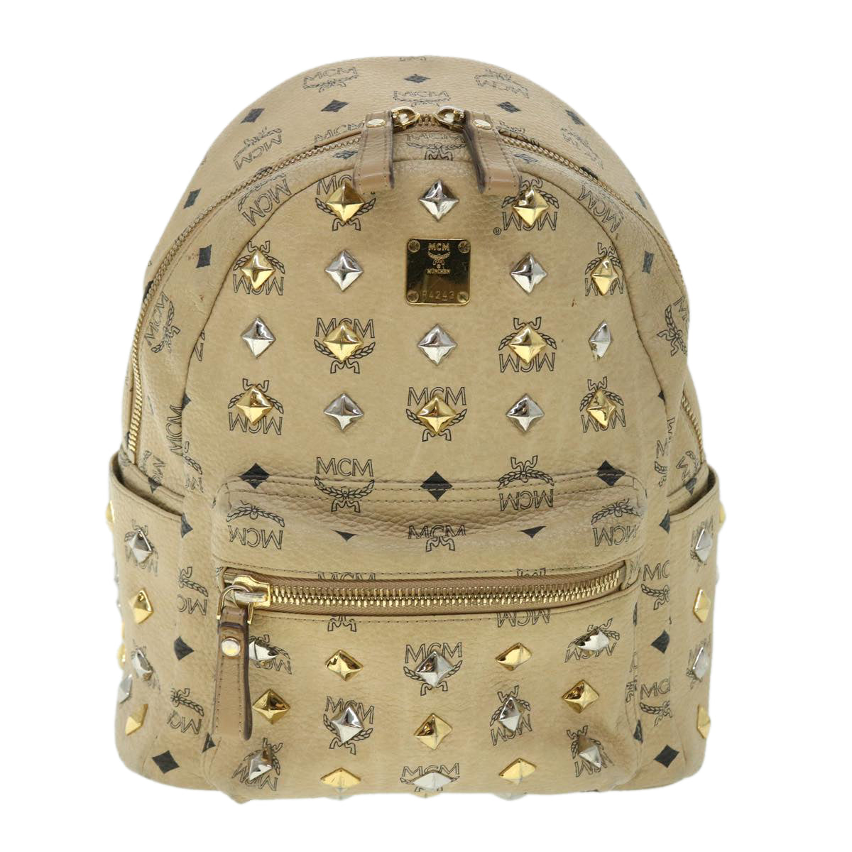 MCM Vicetos Logogram Backpack PVC Leather Beige Auth bs8030 - 0