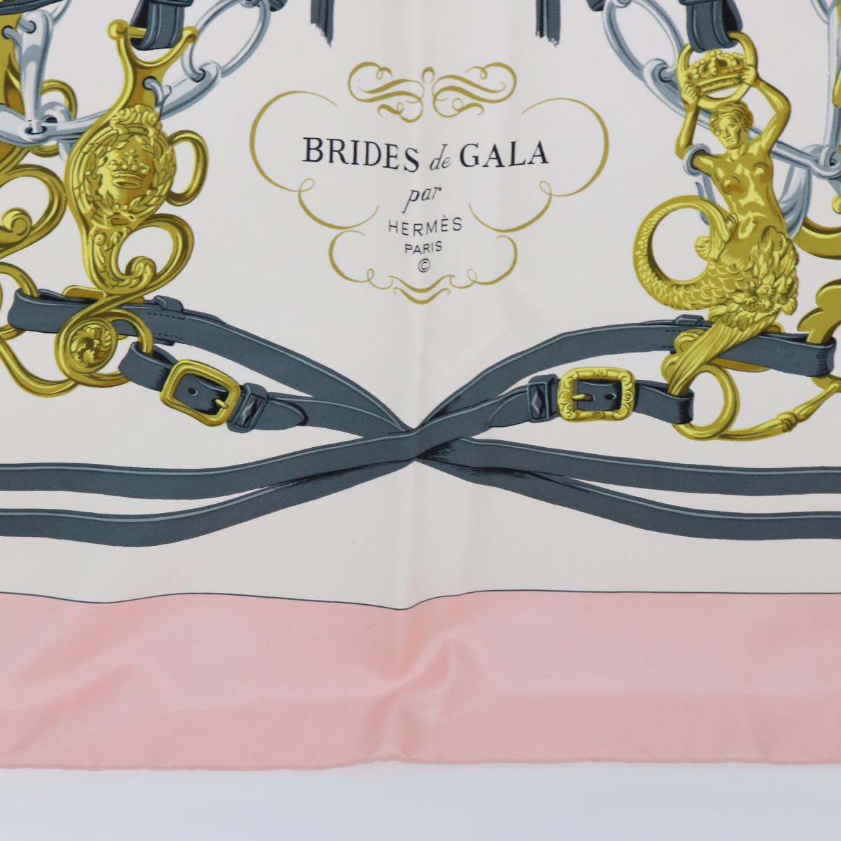 HERMES Carre 90 BRIDES de GALA Scarf Silk Pink White Auth bs8063