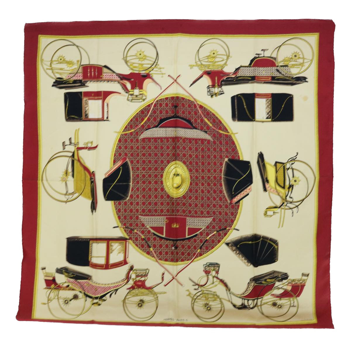 HERMES Carre 90 LES VOITURES A TRANSFORMATION Scarf Silk Red Beige Auth bs8066