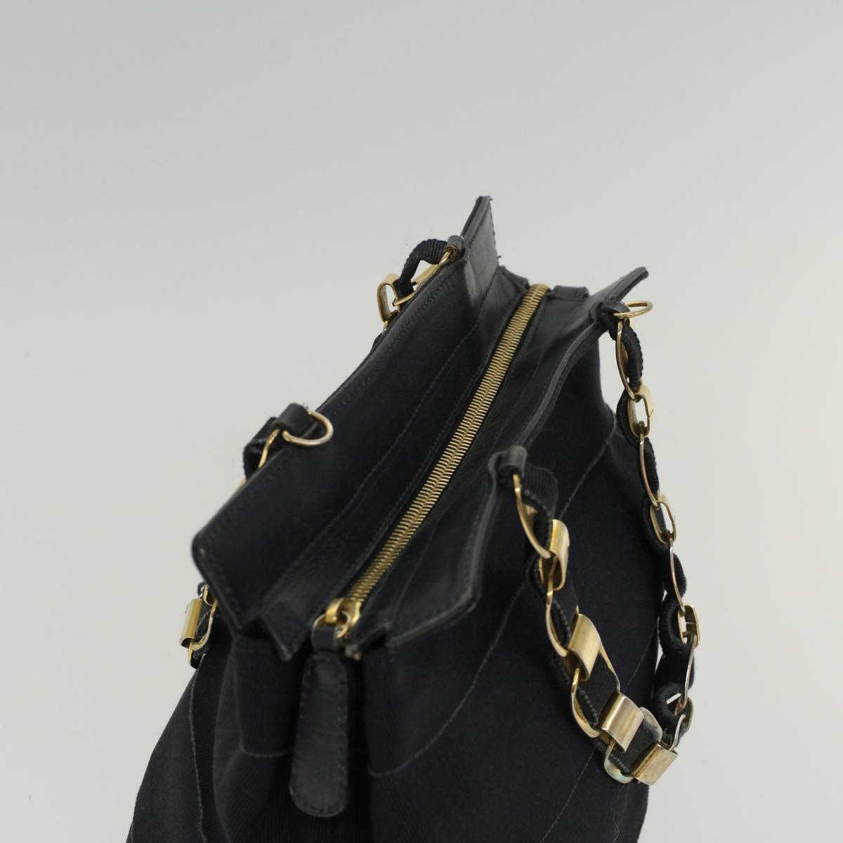 Salvatore Ferragamo Chain Hand Bag Canvas Navy Auth bs8156