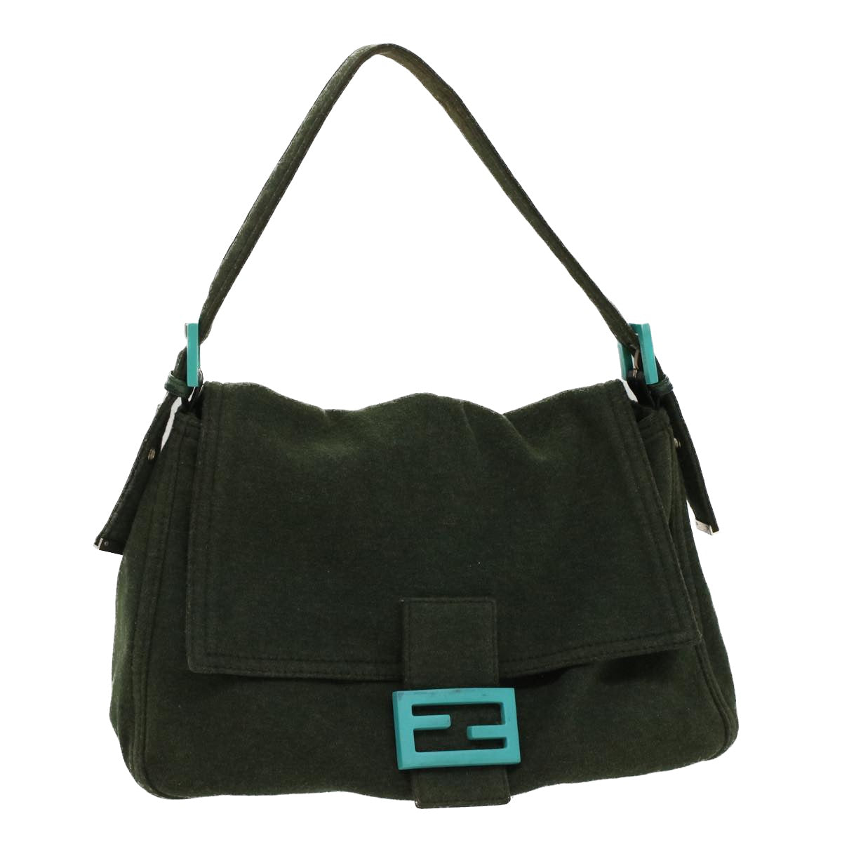 FENDI Mamma Baguette Shoulder Bag cotton Green Light Blue Auth bs8194