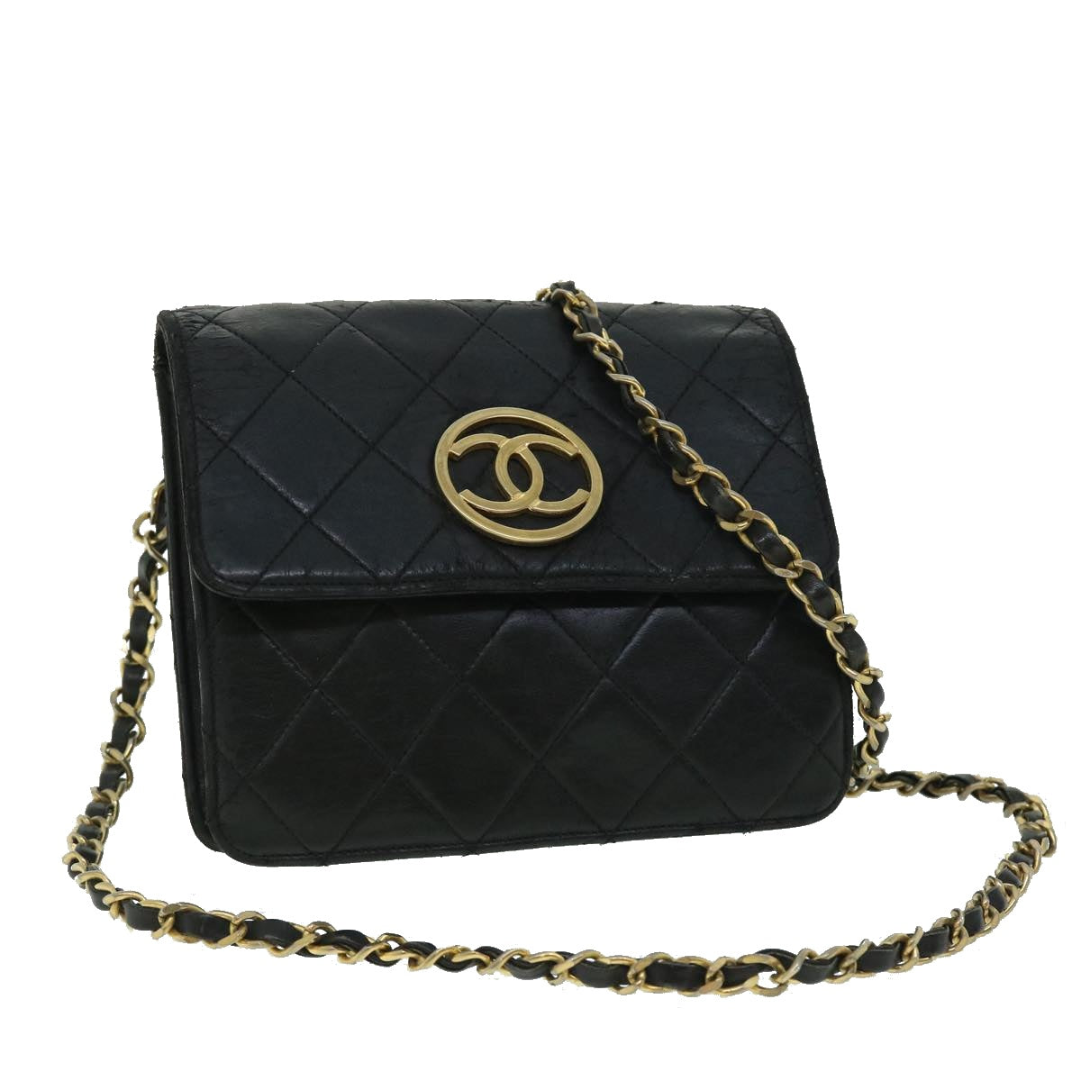 CHANEL Matelasse Chain Shoulder Bag Lamb Skin Black CC Auth bs8230