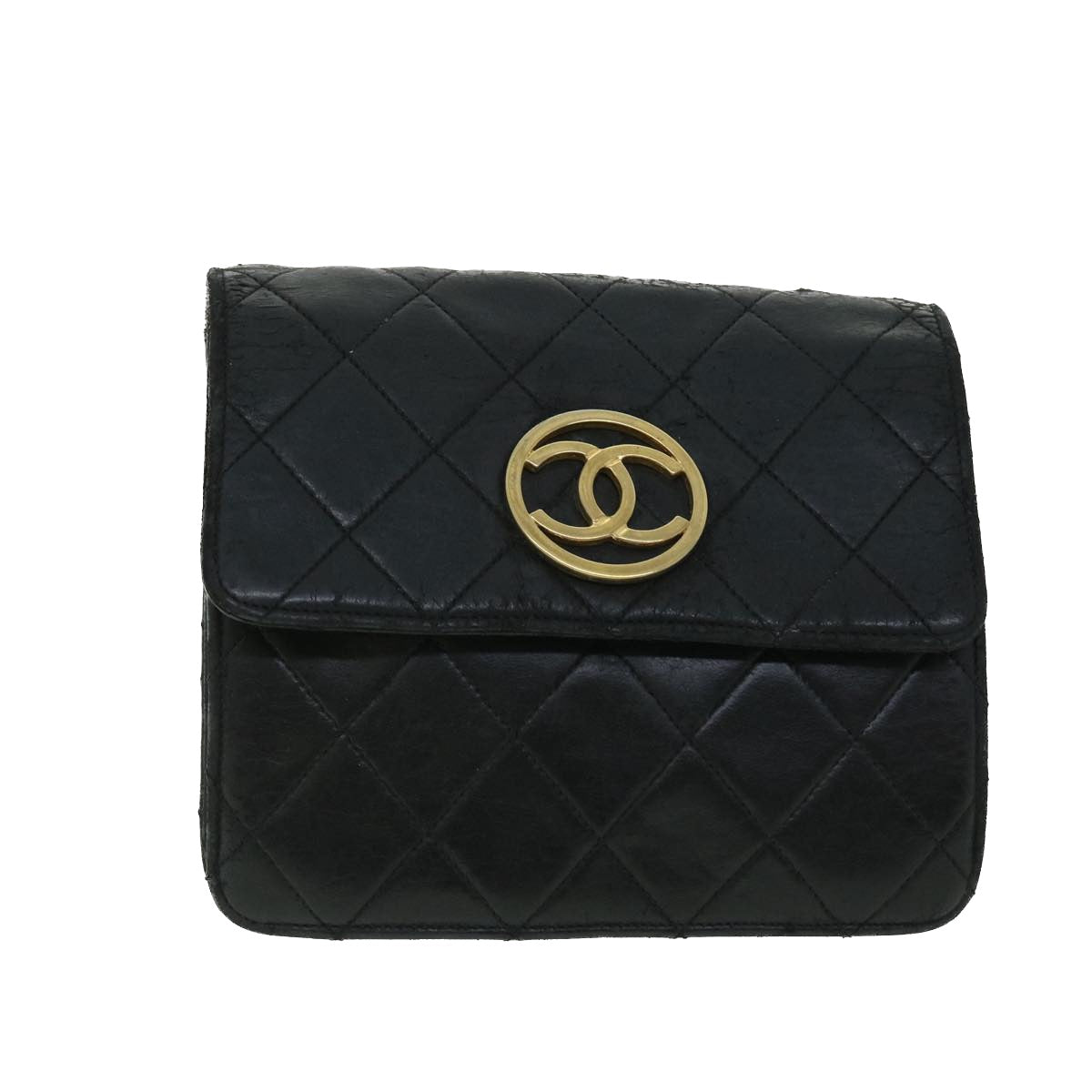 CHANEL Matelasse Chain Shoulder Bag Lamb Skin Black CC Auth bs8230