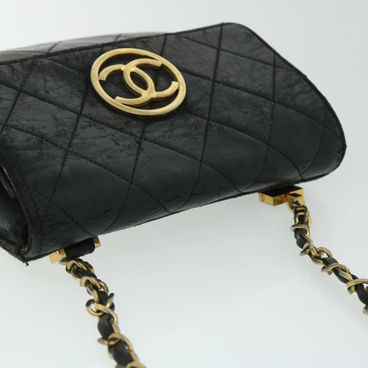 CHANEL Matelasse Chain Shoulder Bag Lamb Skin Black CC Auth bs8230