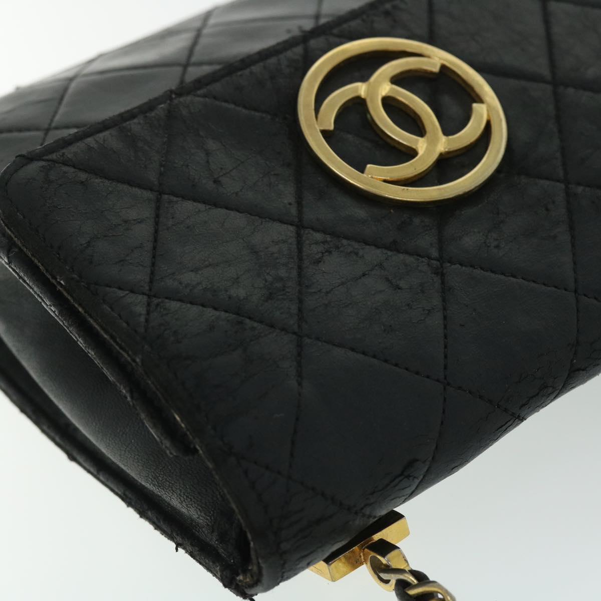 CHANEL Matelasse Chain Shoulder Bag Lamb Skin Black CC Auth bs8230