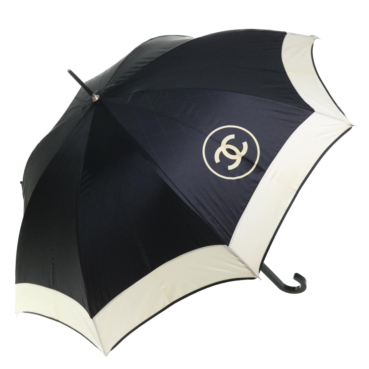 CHANEL COCO Mark Umbrella Nylon Plastic White Black CC Auth bs8242