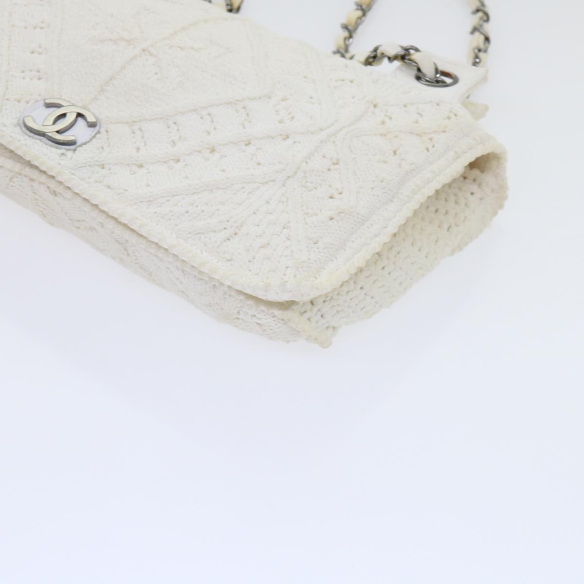 CHANEL Braid Flap Chain Shoulder Bag Cotton White CC Auth bs8243