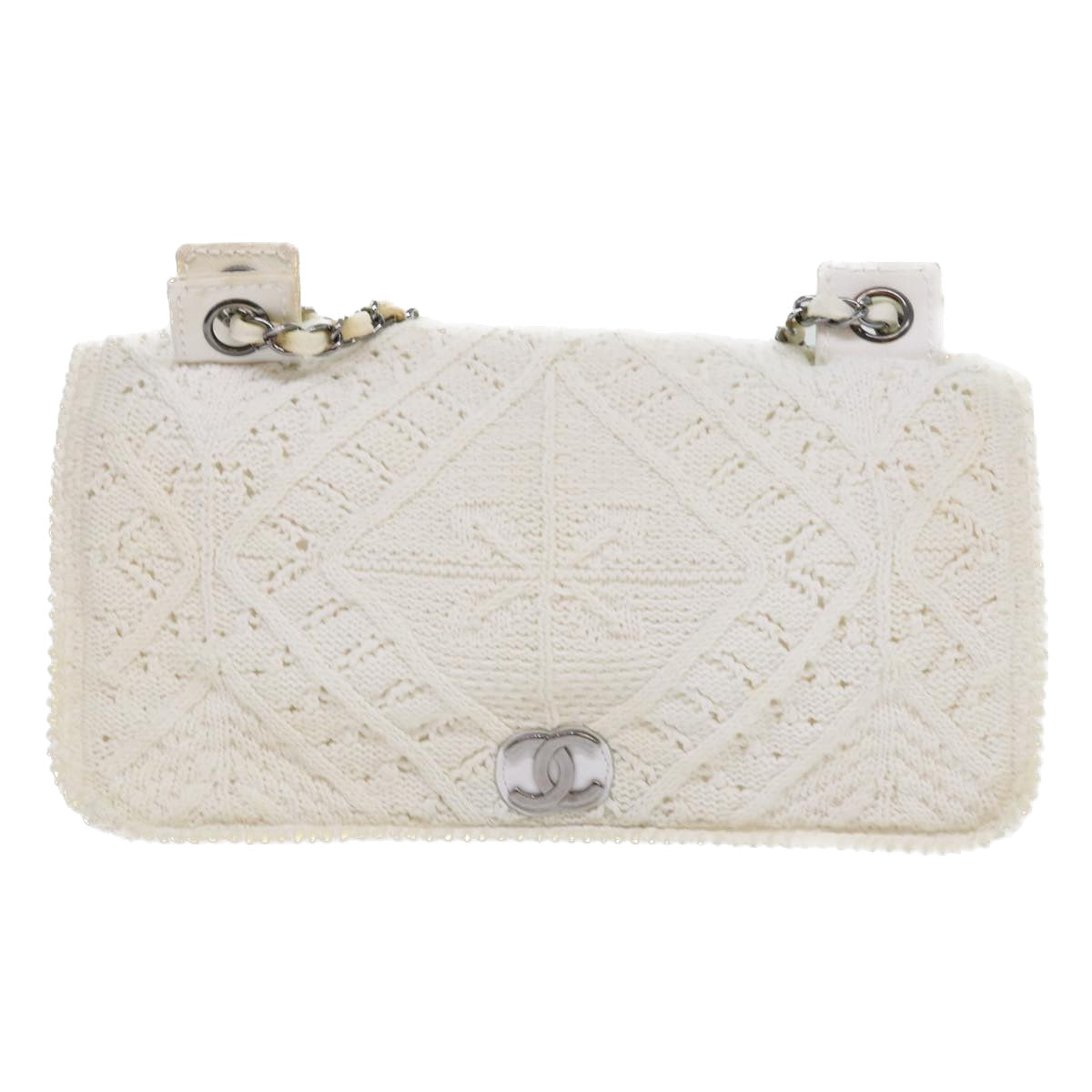 CHANEL Braid Flap Chain Shoulder Bag Cotton White CC Auth bs8243